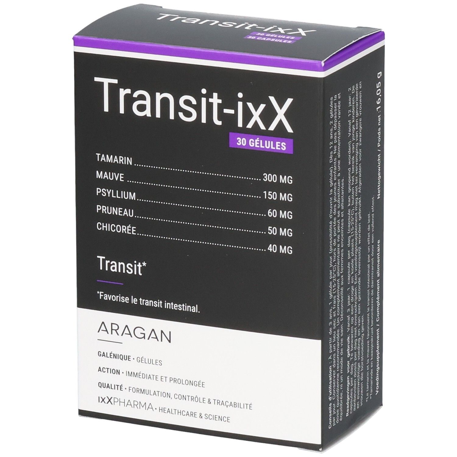 Verpackung von Transit-iXX mit 30 Kapseln. Enthält Tamarinde, Mauve, Psyllium, Pruneau und Chicorée.