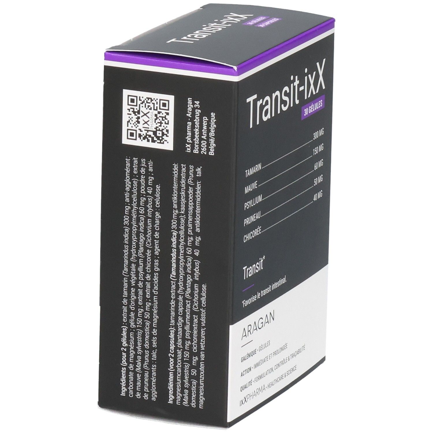 Rückseite der Transit-iXX Verpackung mit QR-Code und Inhaltsstoffen. 30 Kapseln.