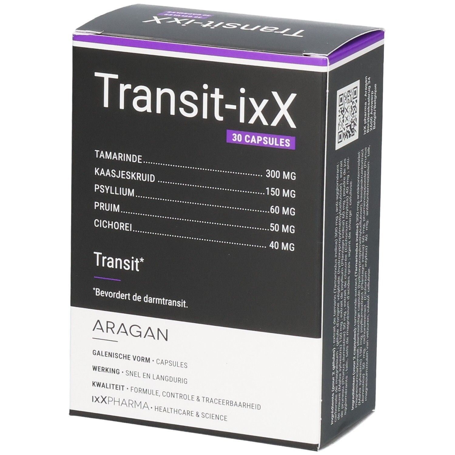Verpackung von Transit-iXX mit 30 Kapseln. Zutaten: Tamarinde, Kaasjeskruid, Psyllium, Pruim, Cichorei.