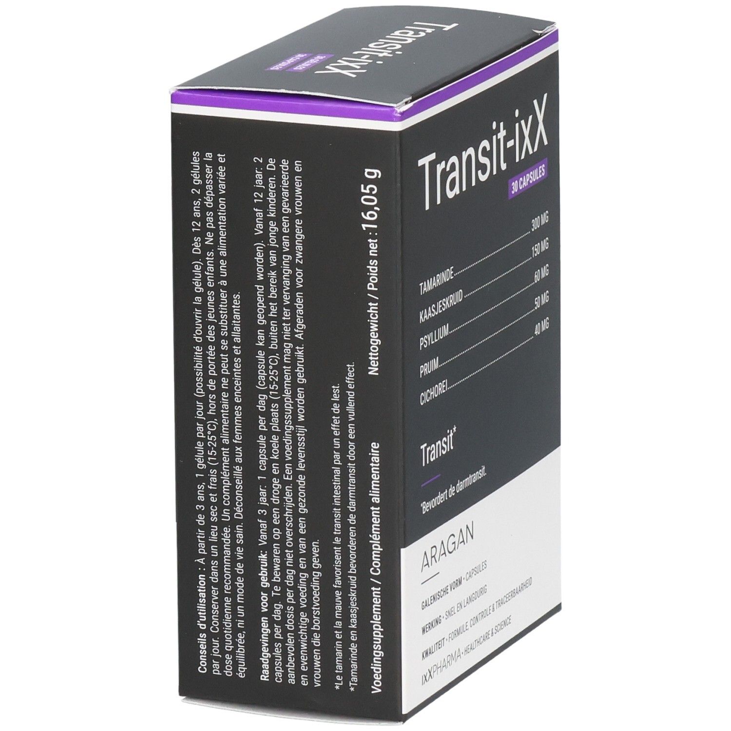 Seitenansicht der Transit-iXX Verpackung mit Anwendungshinweisen und Nettofüllgewicht. 30 Kapseln.