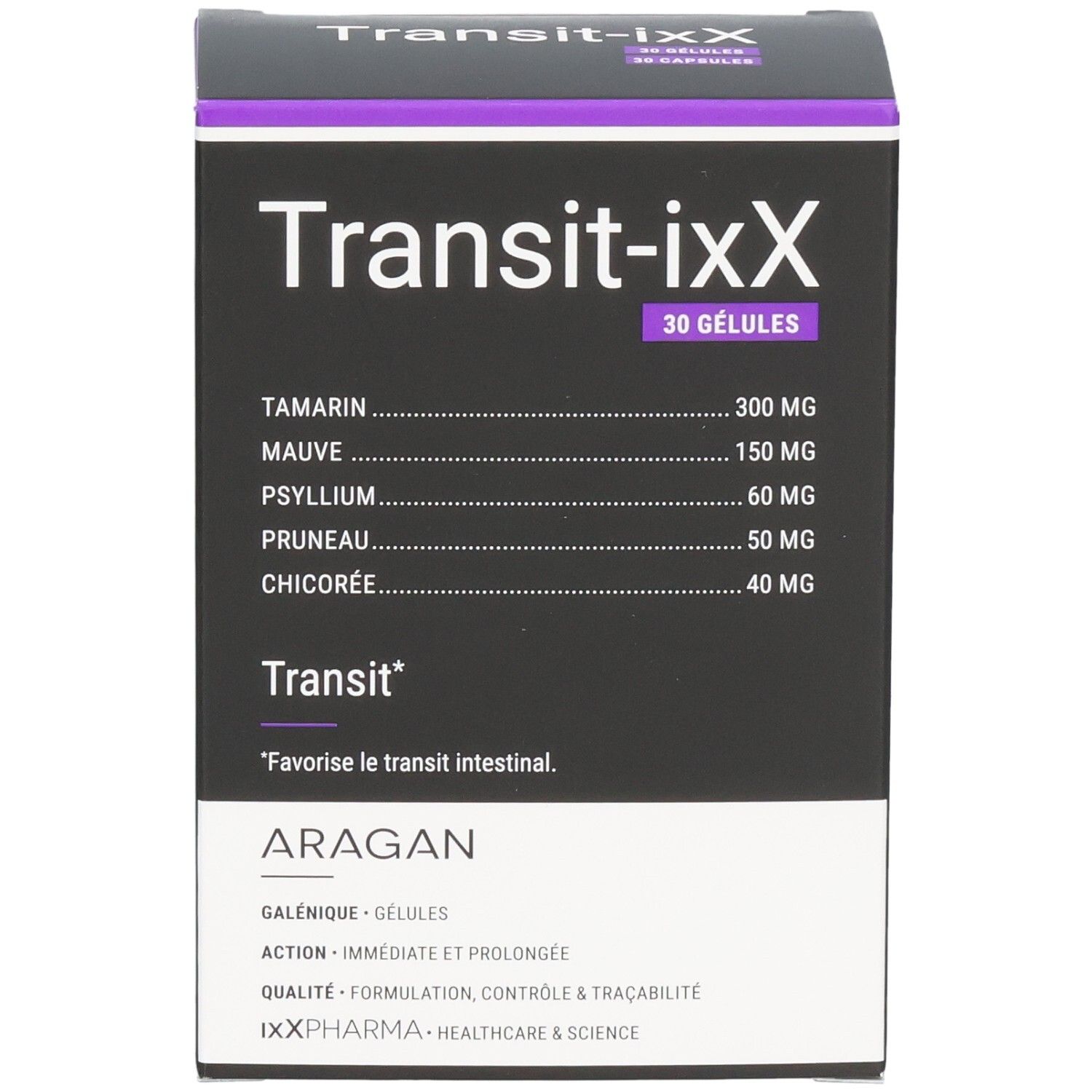 Vorderseite der Transit-iXX Verpackung mit Zutatenliste: Tamarinde 300mg, Mauve 150mg, Psyllium 60mg, Pruneau 50mg, Chicorée 40mg.