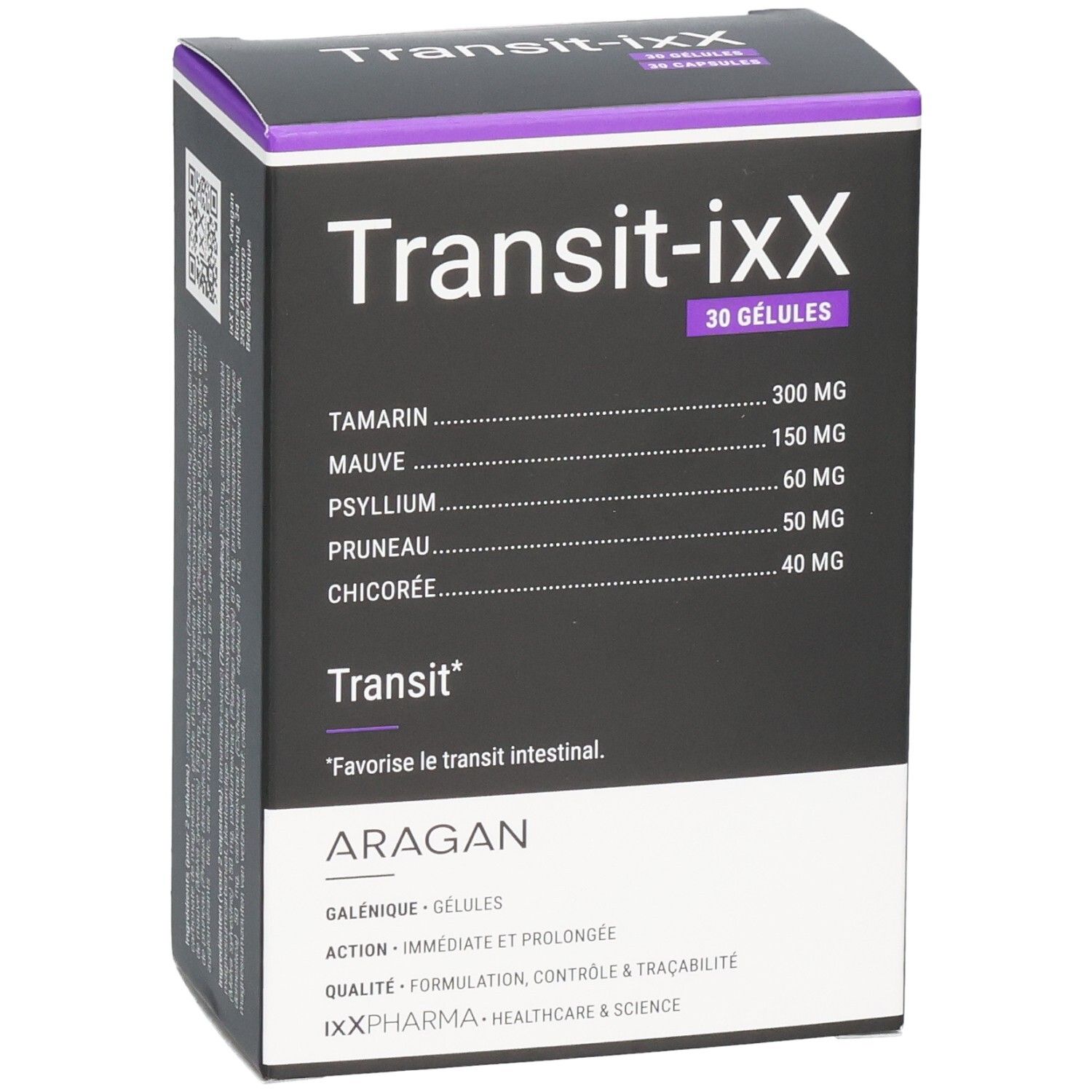Verpackung von Transit-iXX, 30 Kapseln. Enthält Tamarinde, Mauve, Psyllium, Pruneau, Chicorée. Marke: IXXPHARMA.