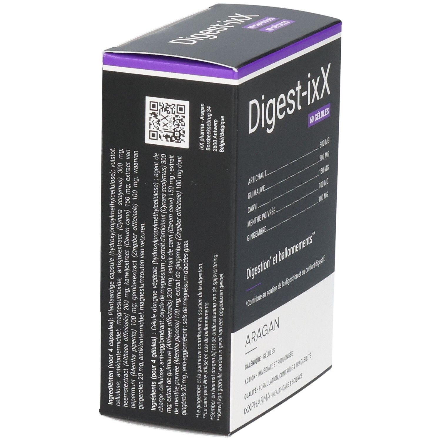 Digest-ixX Kapseln: Seitenansicht der Verpackung mit QR-Code und detaillierten Inhaltsstoffen für Verdauung und Blähungen.