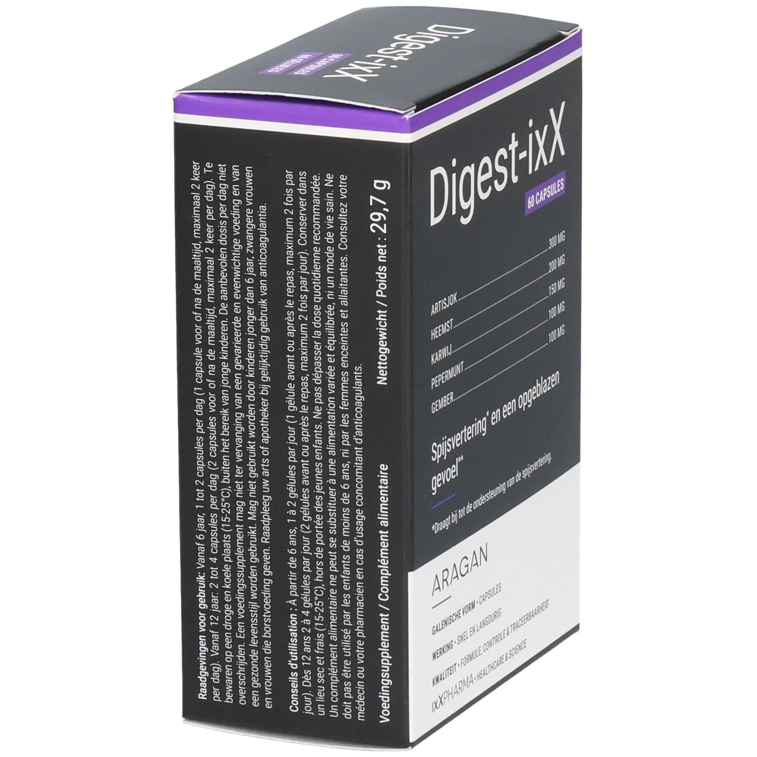 Digest-ixX Kapseln: Seitenansicht der Verpackung mit Anwendungshinweisen und Nettofüllmenge von 29,7 g.