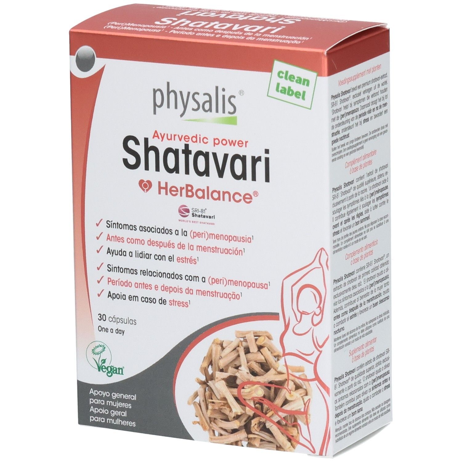 Kartonverpackung von Physalis Shatavari HerBalance. Enthält 30 Kapseln. Aufschrift: Ayurvedic power. Vegan-Siegel.