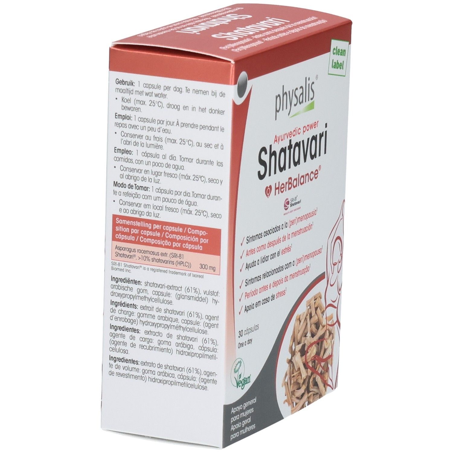 Kartonverpackung von Physalis Shatavari HerBalance. Ansicht von der Seite. Enthält 30 Kapseln. Vegan-Siegel.