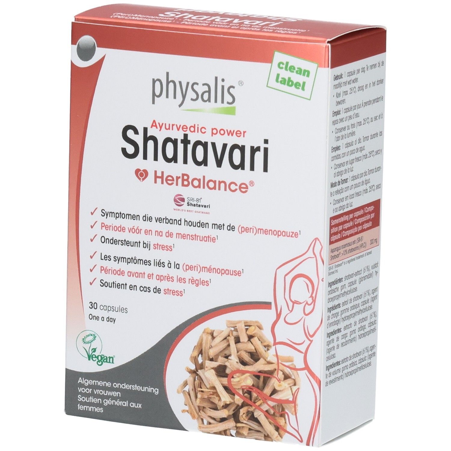 Kartonverpackung von Physalis Shatavari HerBalance. Enthält 30 Kapseln. Aufschrift: Ayurvedic power. Vegan-Siegel.