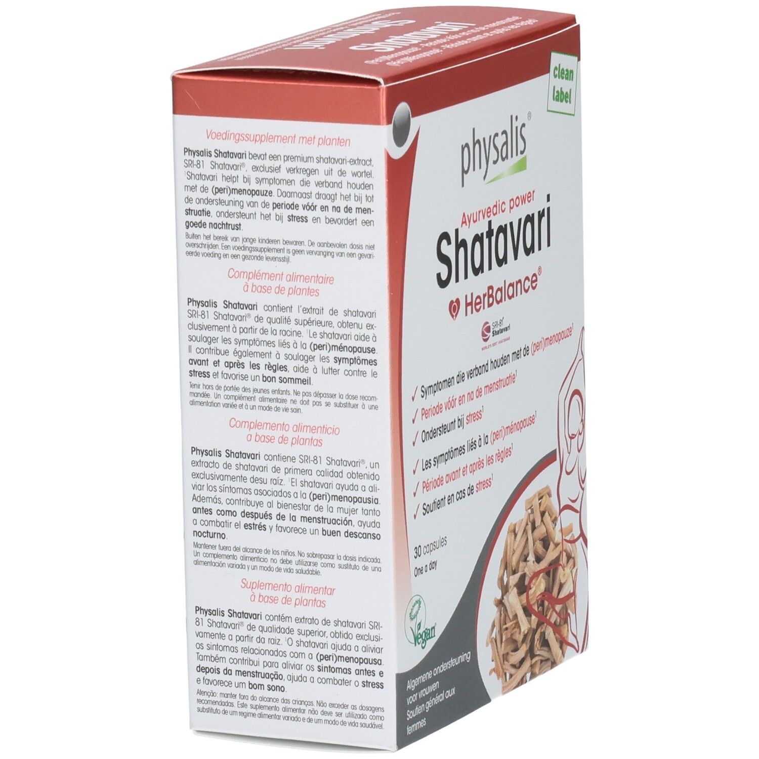 Kartonverpackung von Physalis Shatavari HerBalance. Ansicht von der Seite. Enthält 30 Kapseln. Vegan-Siegel.