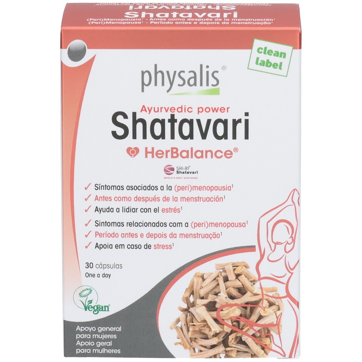 Kartonverpackung von Physalis Shatavari HerBalance. Enthält 30 Kapseln. Aufschrift: Ayurvedic power. Vegan-Siegel.