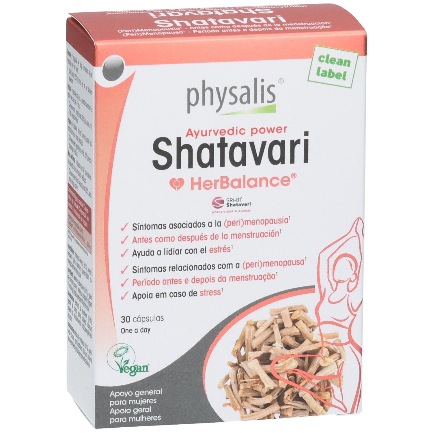 Kartonverpackung von Physalis Shatavari HerBalance. Enthält 30 Kapseln. Aufschrift: Ayurvedic power. Vegan-Siegel.
