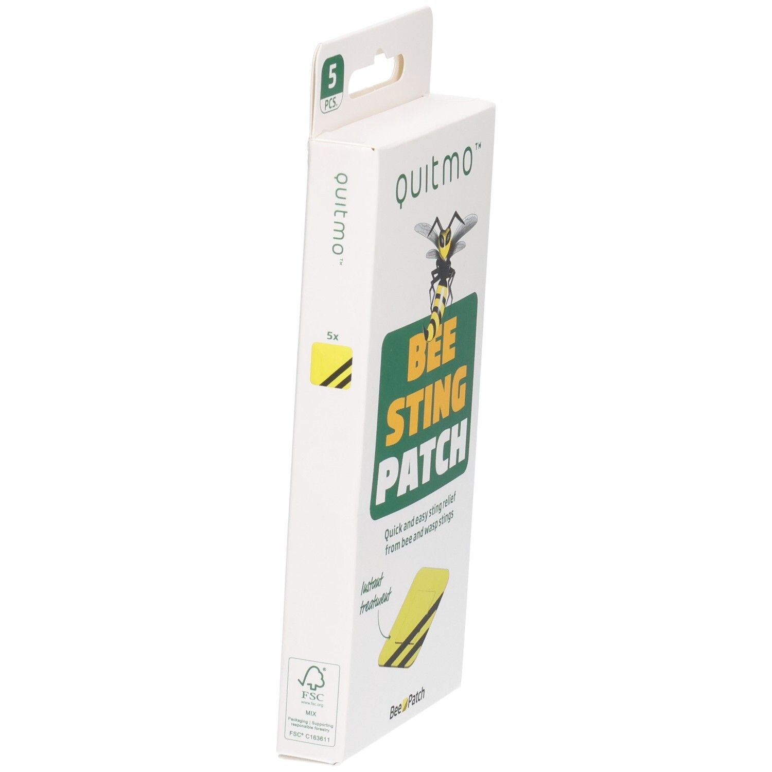 Quitmo Bee Sting Patch Verpackung, Seitenansicht. Zeigt eine Biene und einen Patch.