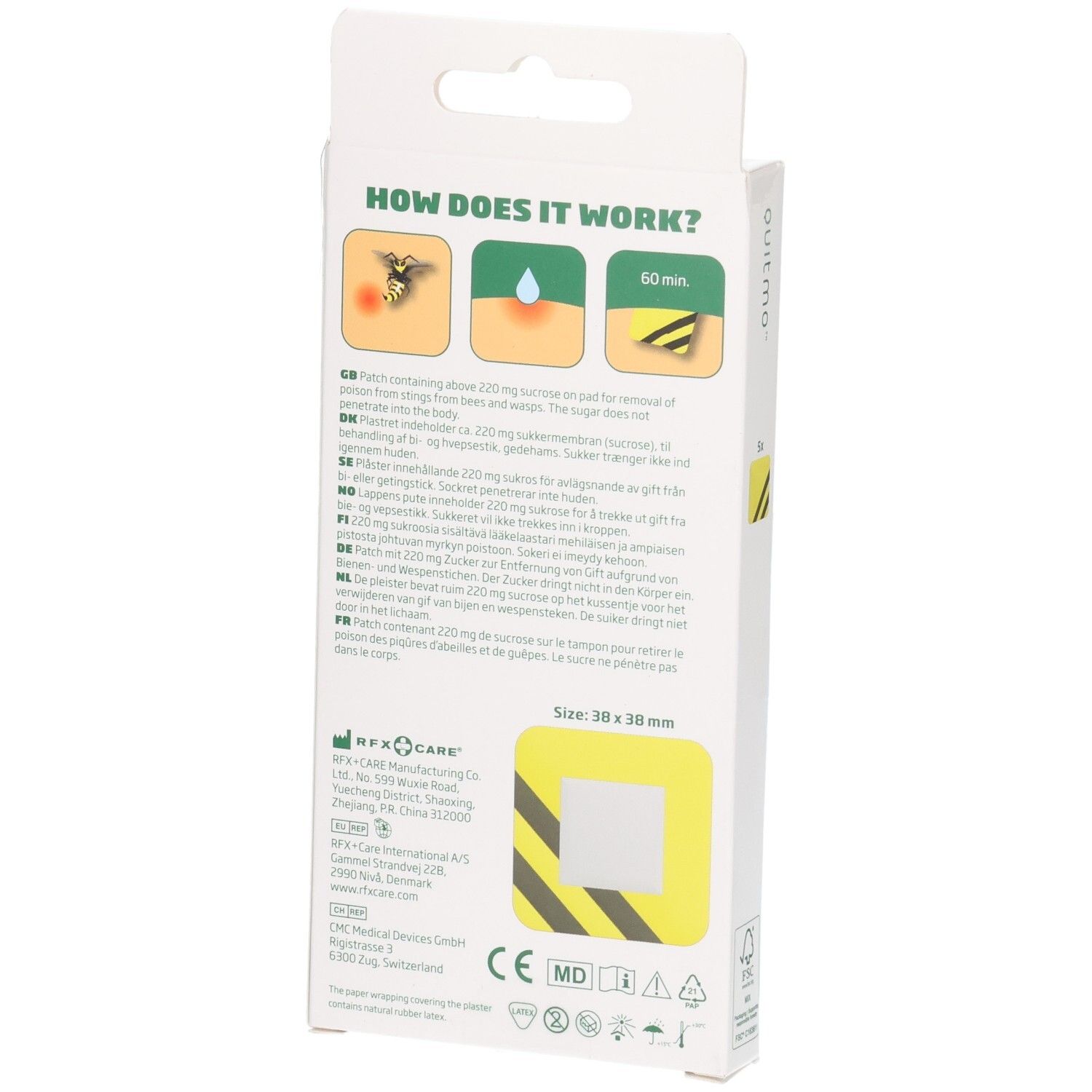 Rückseite der Quitmo Bee Sting Patch Verpackung. Zeigt Anwendungshinweise und Produktinformationen.