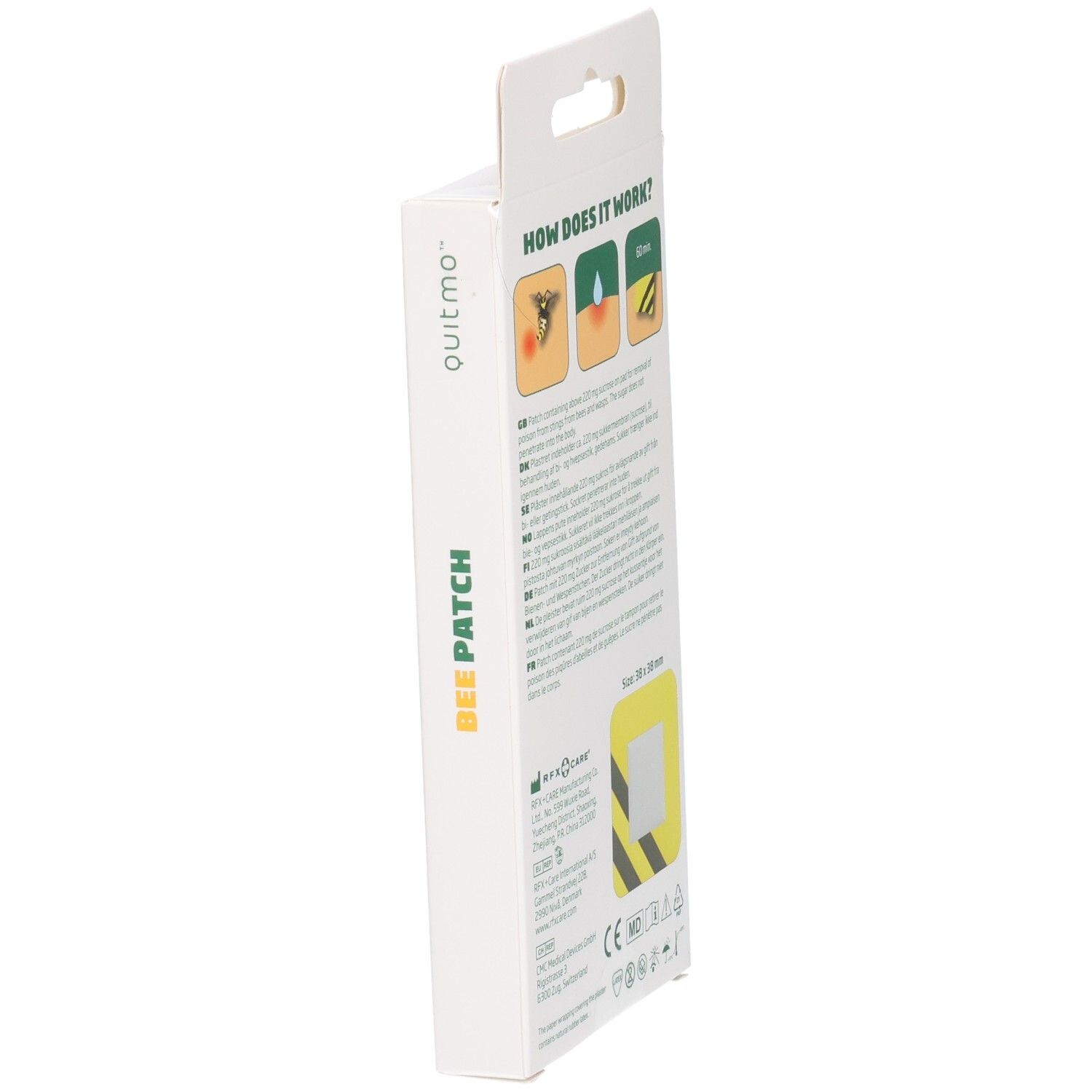 Quitmo Bee Sting Patch Verpackung, Rückseitenansicht. Zeigt Anwendungshinweise und Produktinformationen.