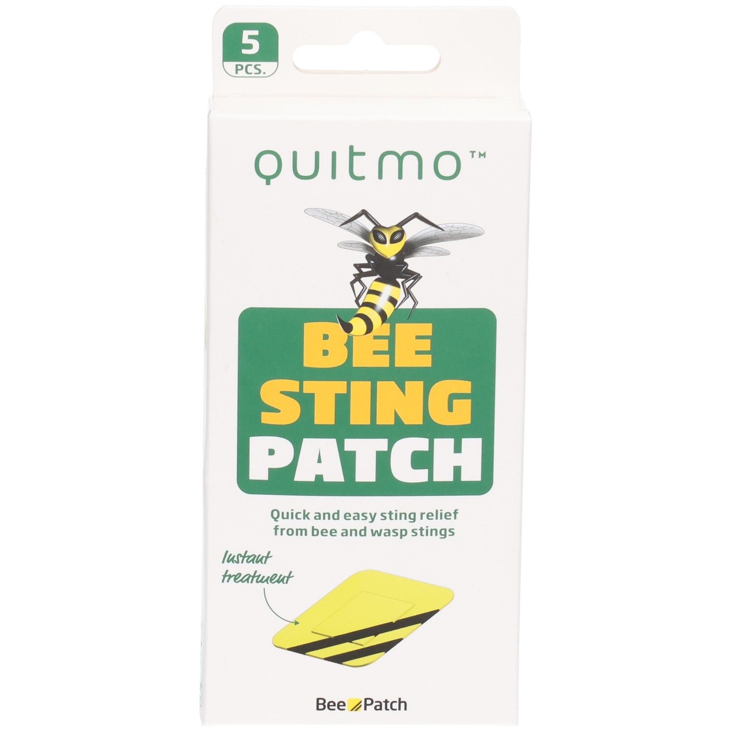 Quitmo Bee Sting Patch Verpackung, 5 Stück. Zeigt eine Biene und einen Patch.