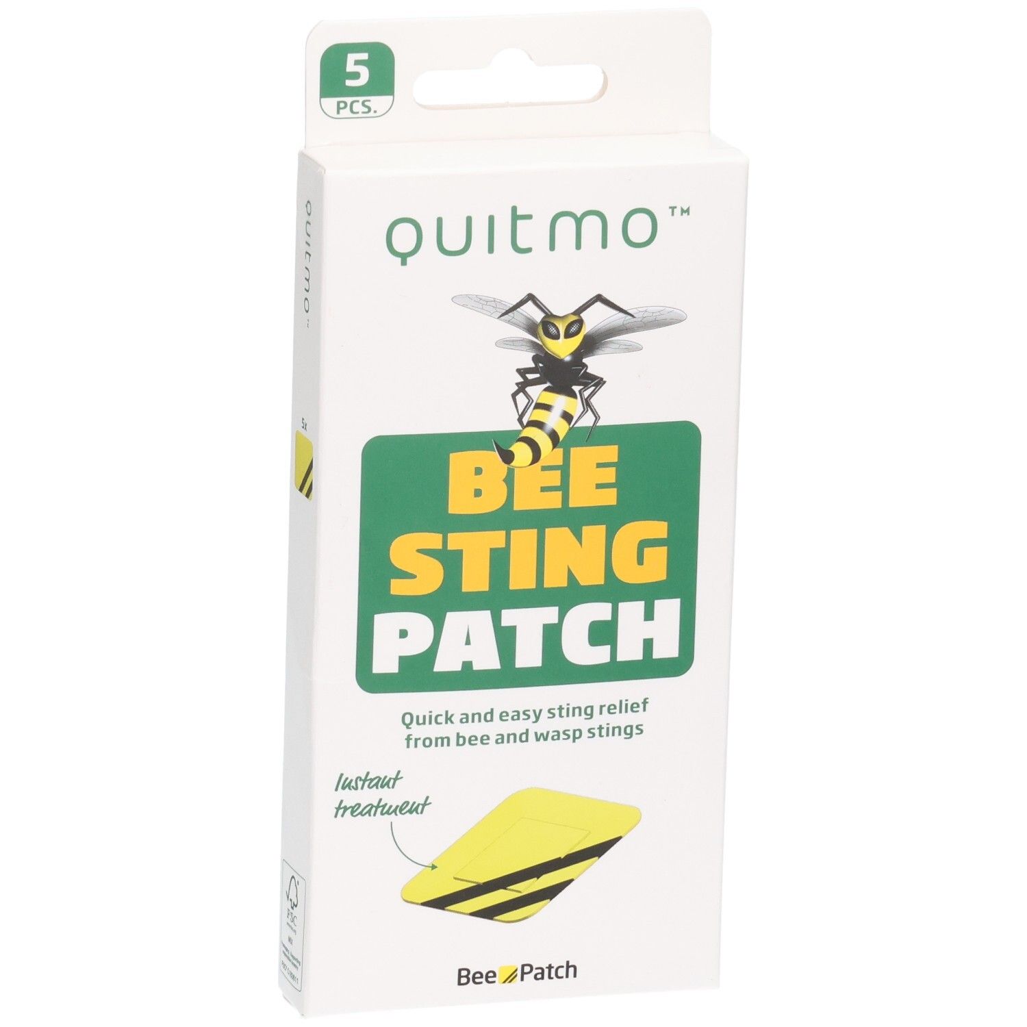 Quitmo Bee Sting Patch Verpackung, 5 Stück. Zeigt eine Biene und einen Patch.