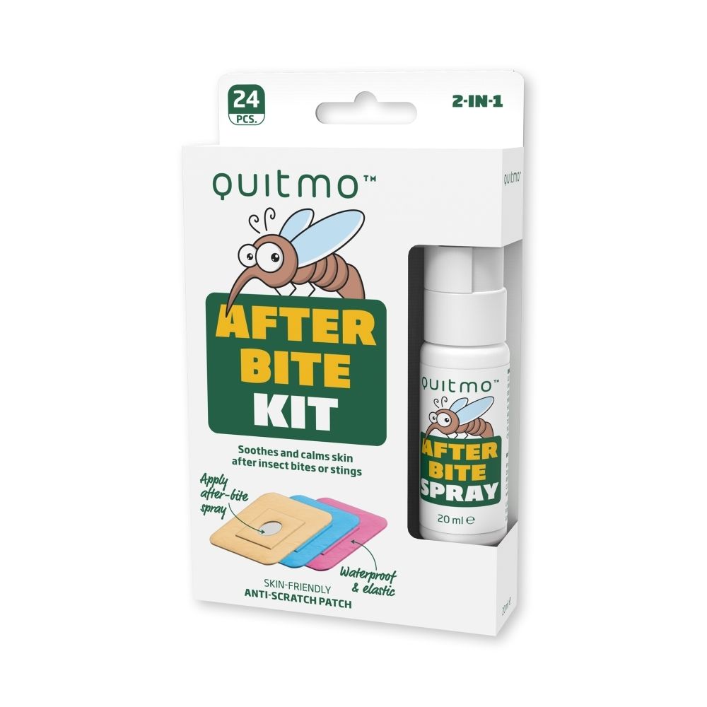 Quitmo After Bite Kit : 24 pièces, spray 2-en-1 et patchs cutanés pour soulager les piqûres d'insectes.