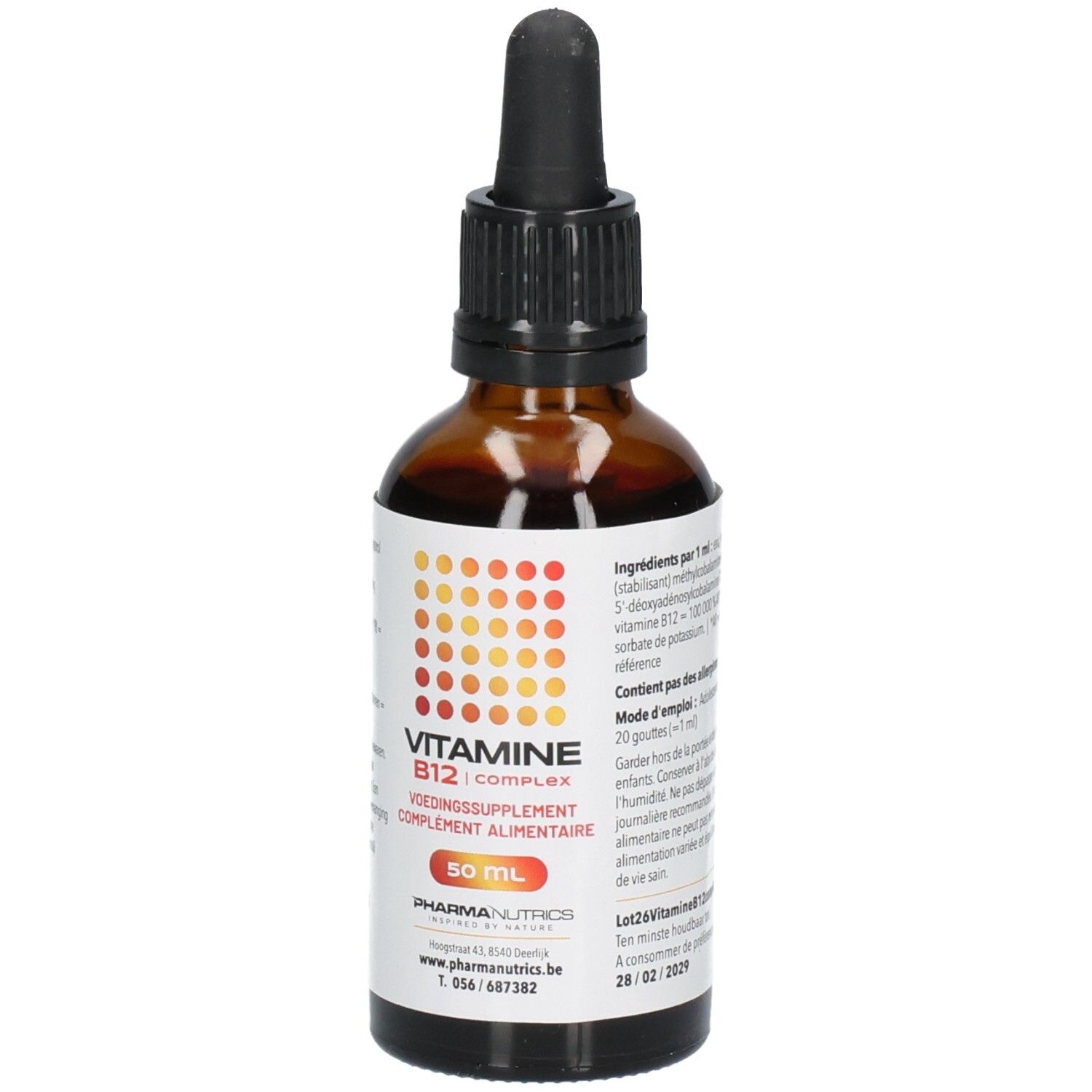 Flacon en verre brun avec bouchon noir et pipette. Étiquette avec informations produit et texte VITAMINE B12 COMPLEX.