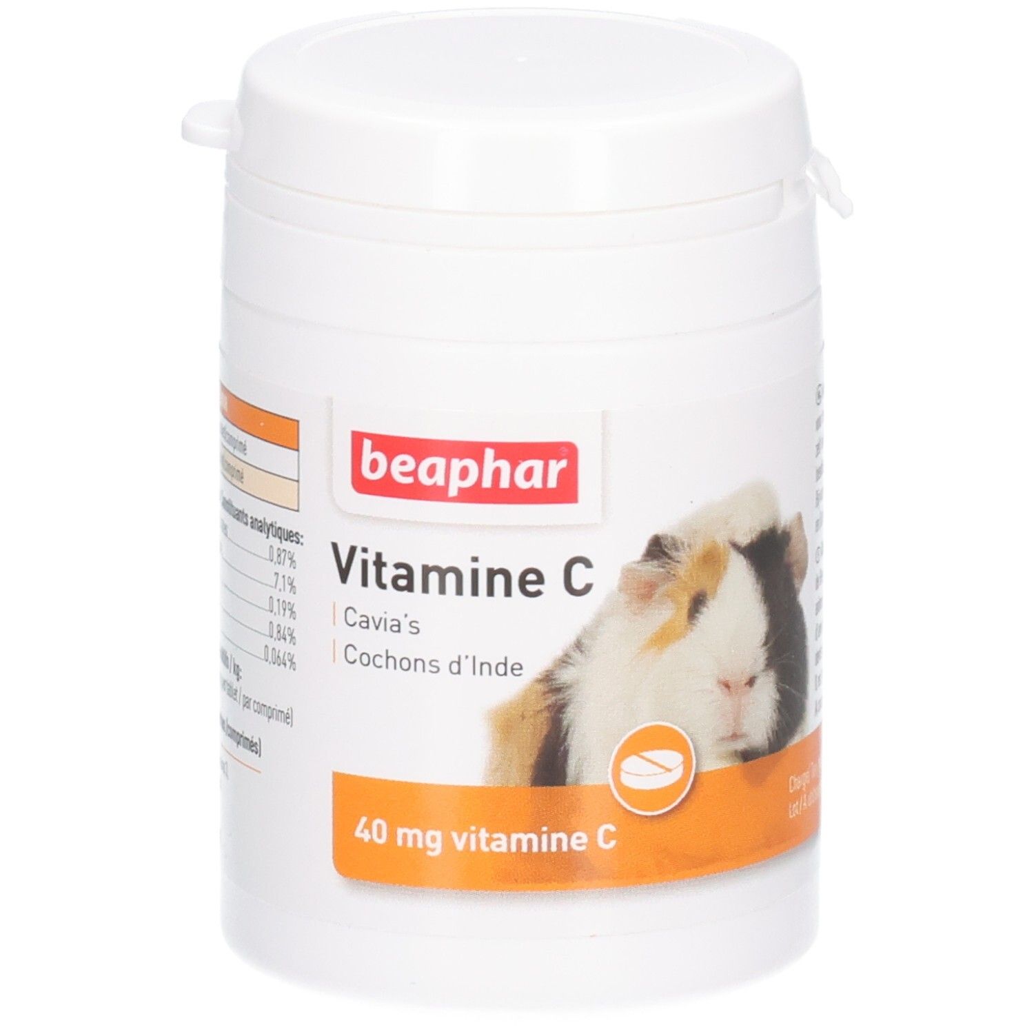 Weiße Dose mit Deckel. Aufschrift: beaphar, Vitamine C, 40 mg. Abbildung eines Meerschweinchens.
