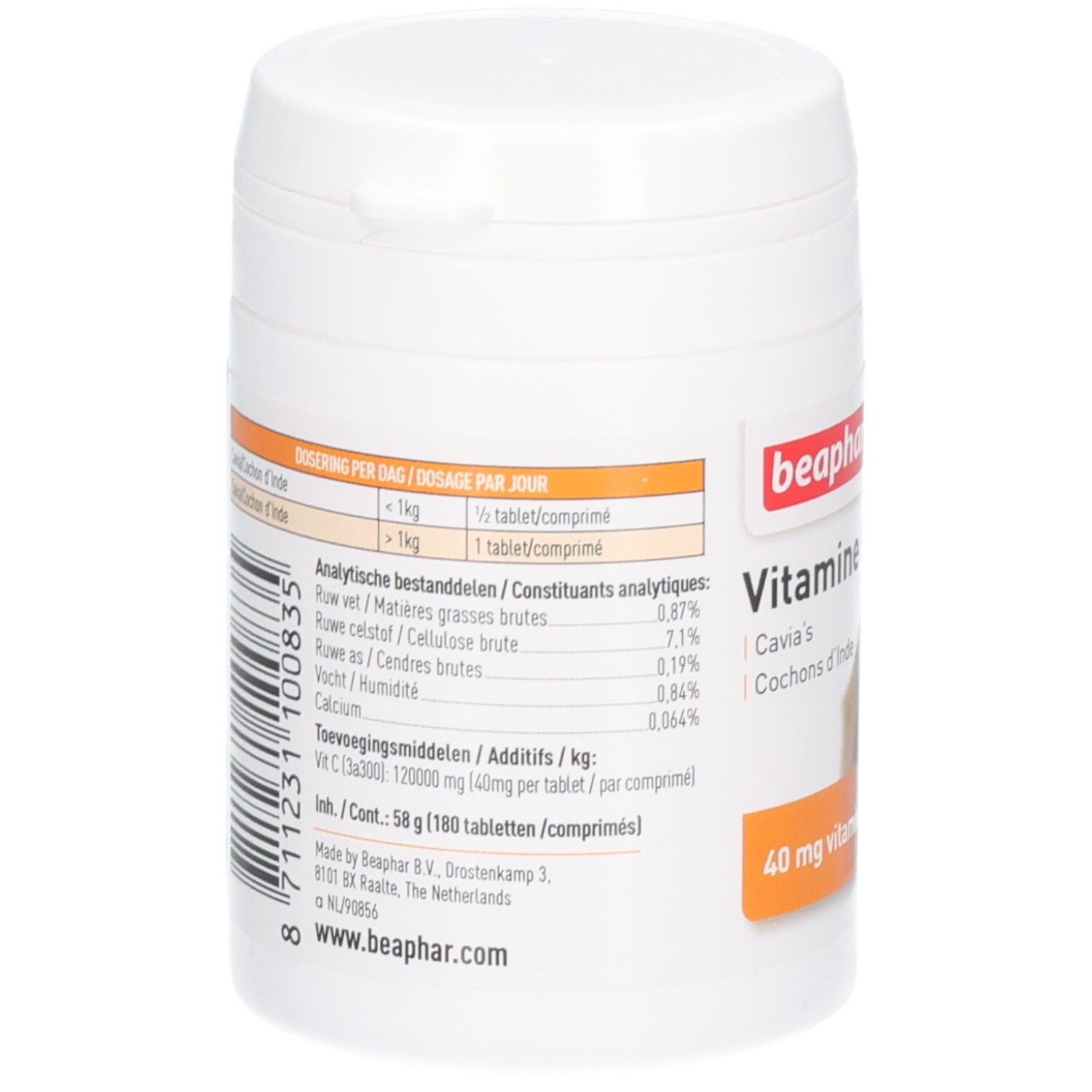 Weiße Dose, Rückseite. Aufschrift: beaphar, Vitamine C, Inhaltsstoffe, Dosierung. Barcode und Kontaktinformationen.