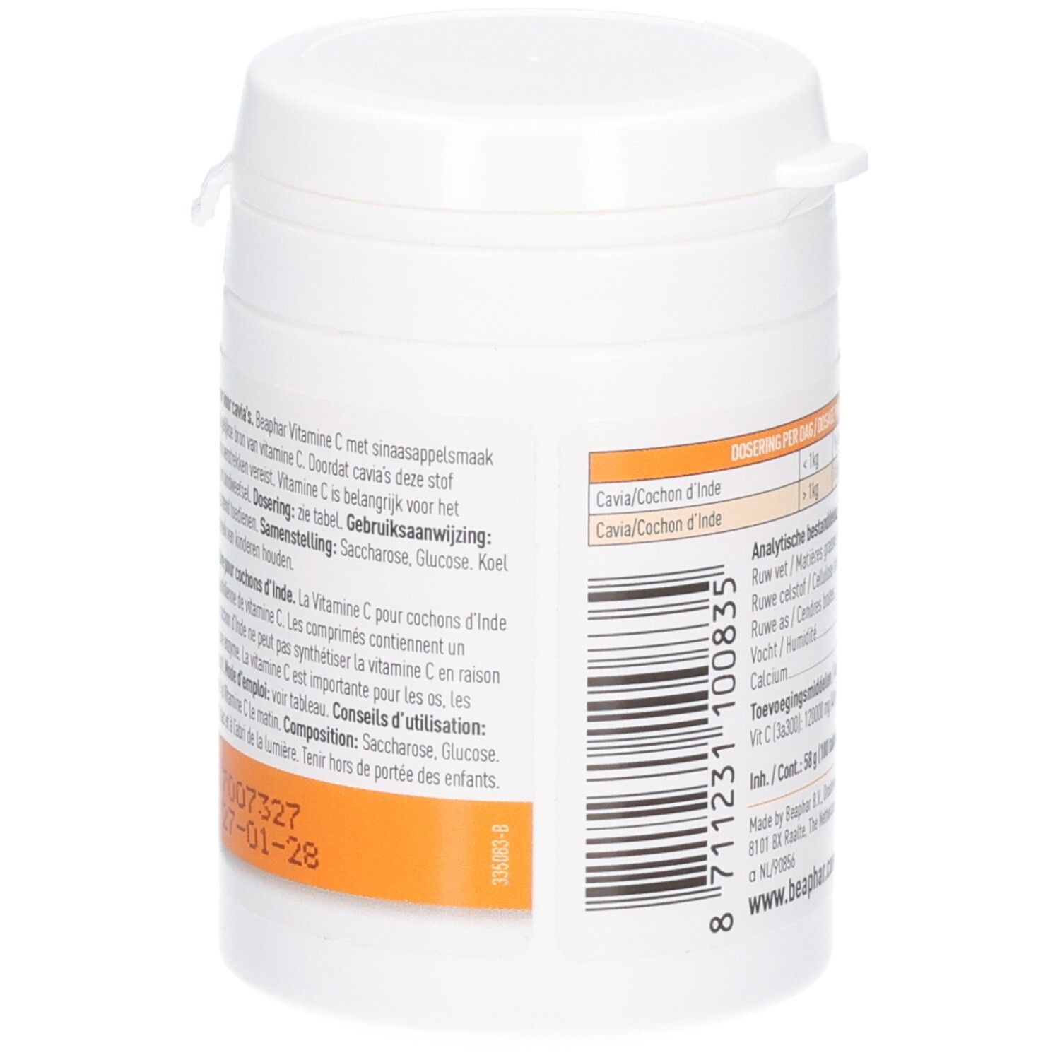 Weiße Dose, Rückseite. Text in Deutsch, Französisch und Niederländisch. Dosierung und Inhaltsstoffe.