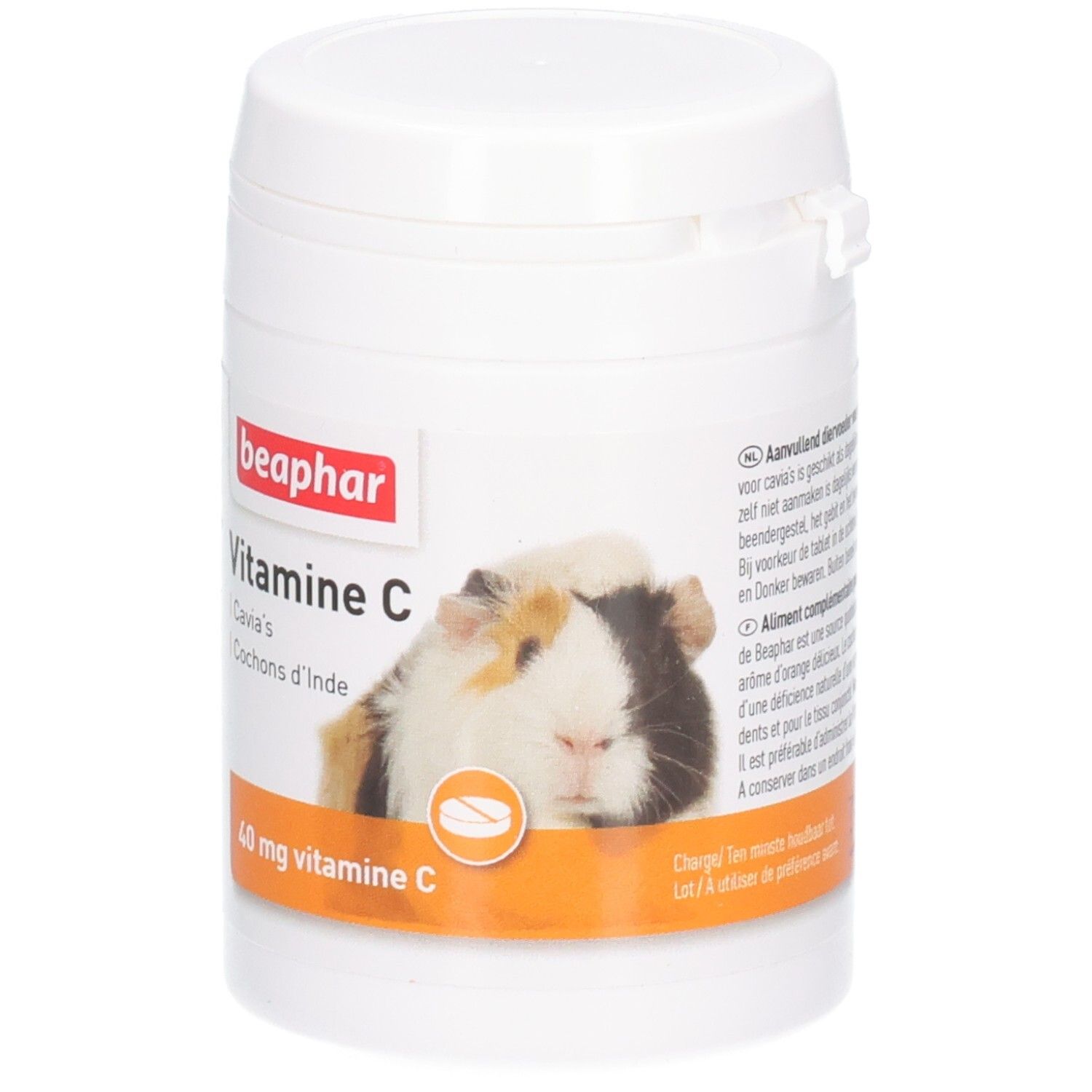 Weiße Dose mit Deckel. Aufschrift: beaphar, Vitamine C, 40 mg. Abbildung eines Meerschweinchens.