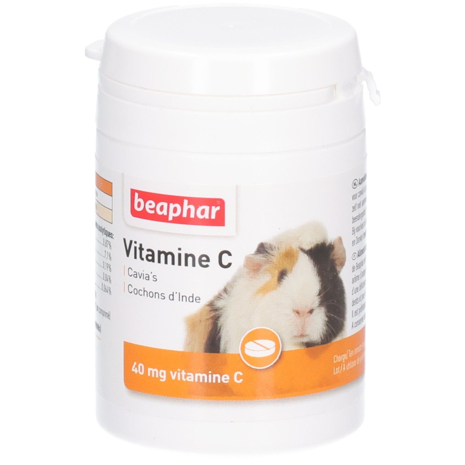 Weiße Dose mit Deckel. Aufschrift: beaphar, Vitamine C, 40 mg. Abbildung eines Meerschweinchens.
