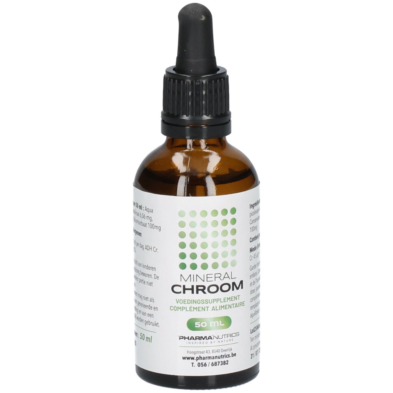 Braune Glasflasche mit schwarzem Verschluss und Pipette. Etikett mit Produktnamen MINERAL CHROOM und Marke PharmaNutrics. 50 ml.