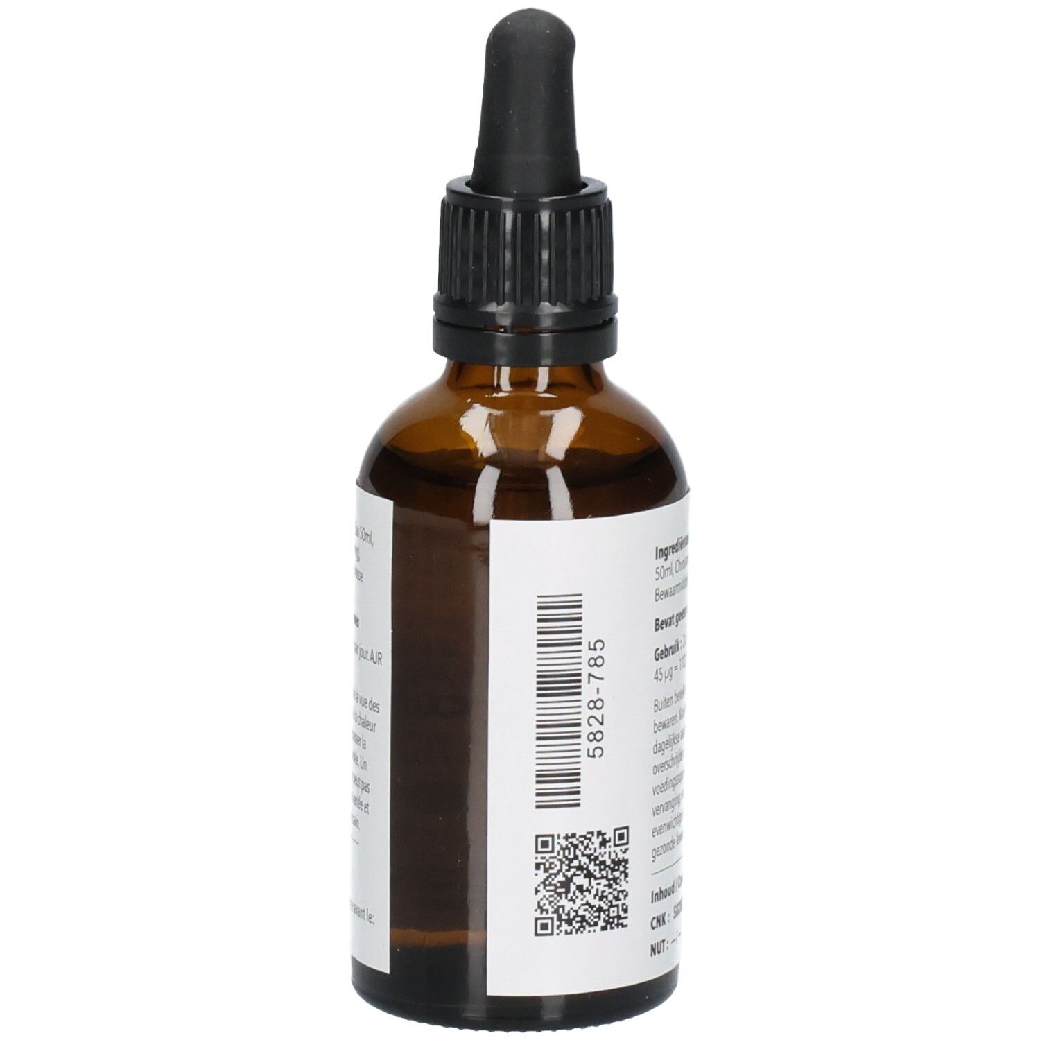 Braune Glasflasche mit schwarzem Verschluss und Pipette. Etikett mit Barcode und Produktinformationen. Rückansicht.