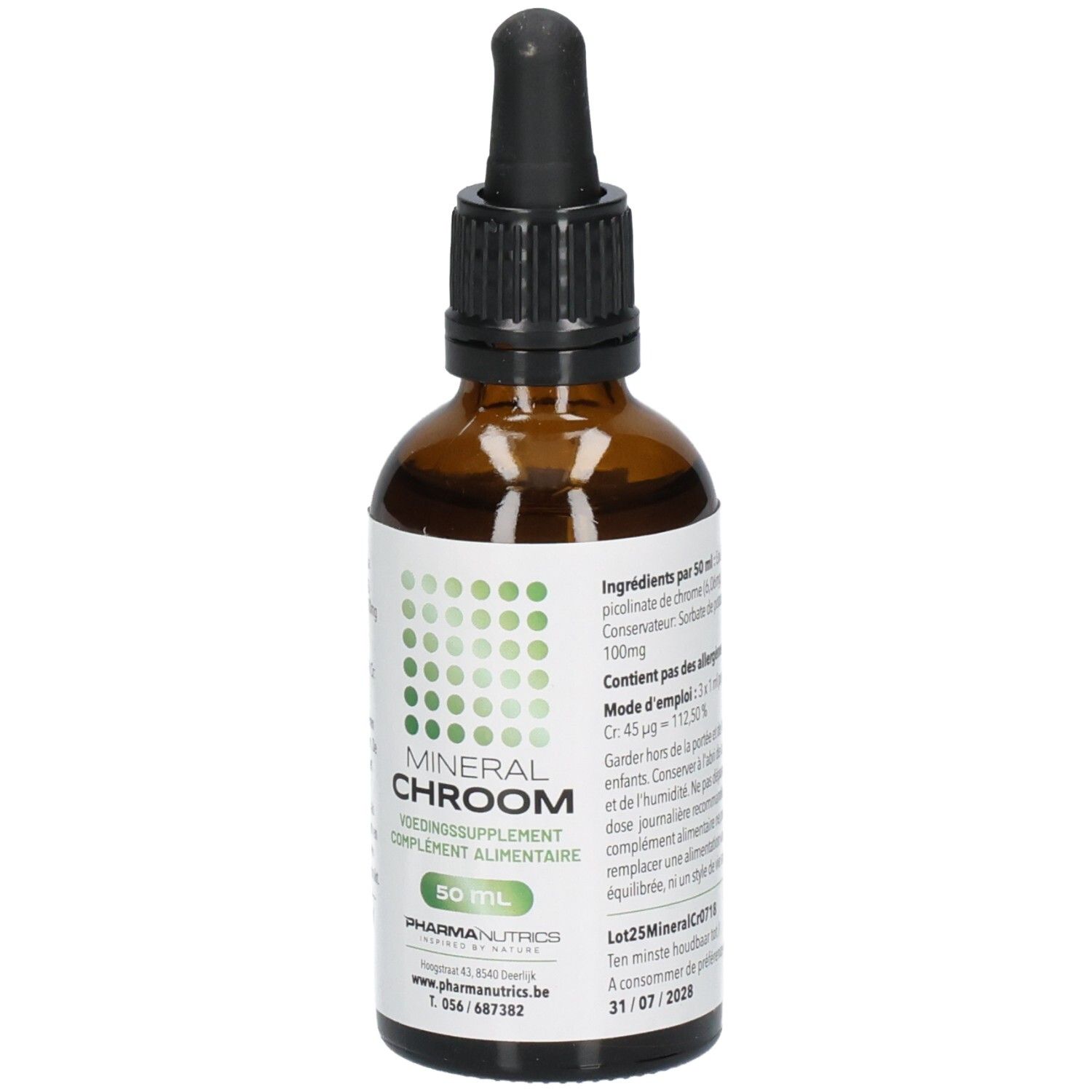 Braune Glasflasche mit schwarzem Verschluss und Pipette. Etikett mit Produktnamen MINERAL CHROOM und Marke PharmaNutrics. 50 ml. MHD.
