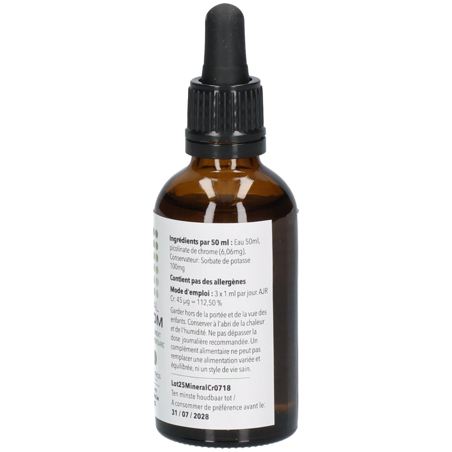 Braune Glasflasche mit schwarzem Verschluss und Pipette. Etikett mit Produktinformationen, Inhaltsstoffen und MHD. Marke PharmaNutrics.