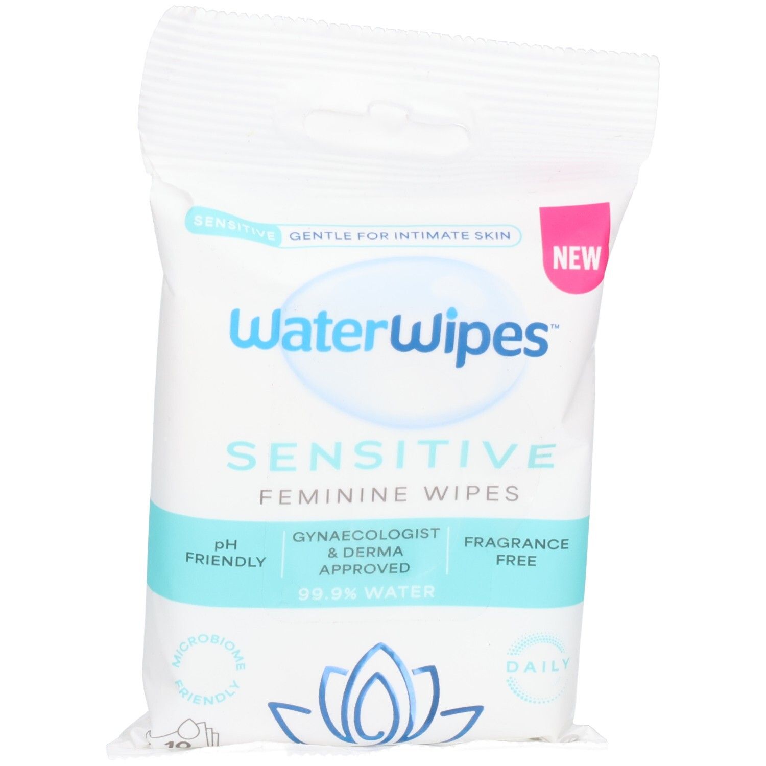 Weiße Verpackung mit blauer und rosa Schrift. Enthält "WaterWipes Sensitive Feminine Wipes". Text: "pH-freundlich", "Gynäkologisch & dermatologisch geprüft", "Duftstofffrei".
