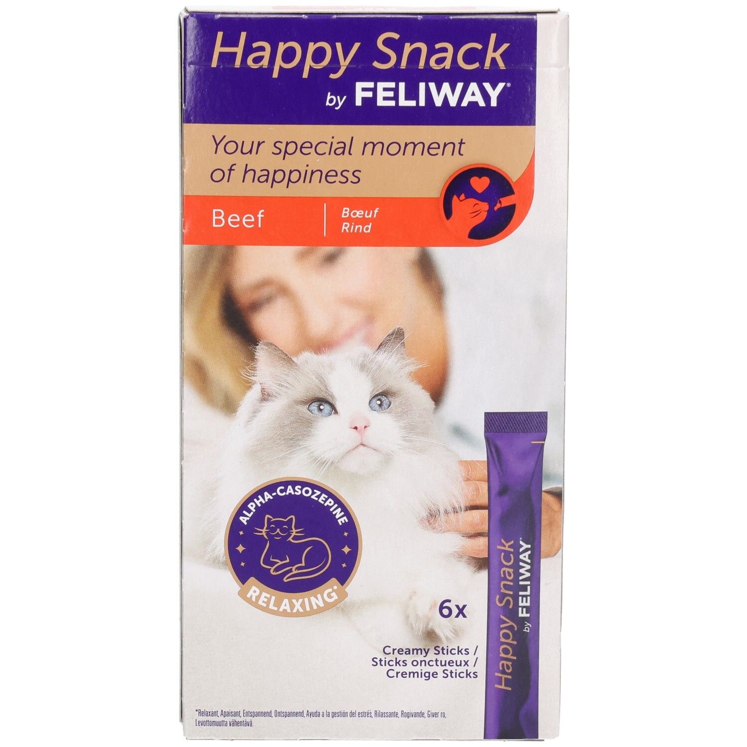 Rückseite der Feliway Happy Snack Rind-Verpackung für Katzen mit mehrsprachigen Informationen.