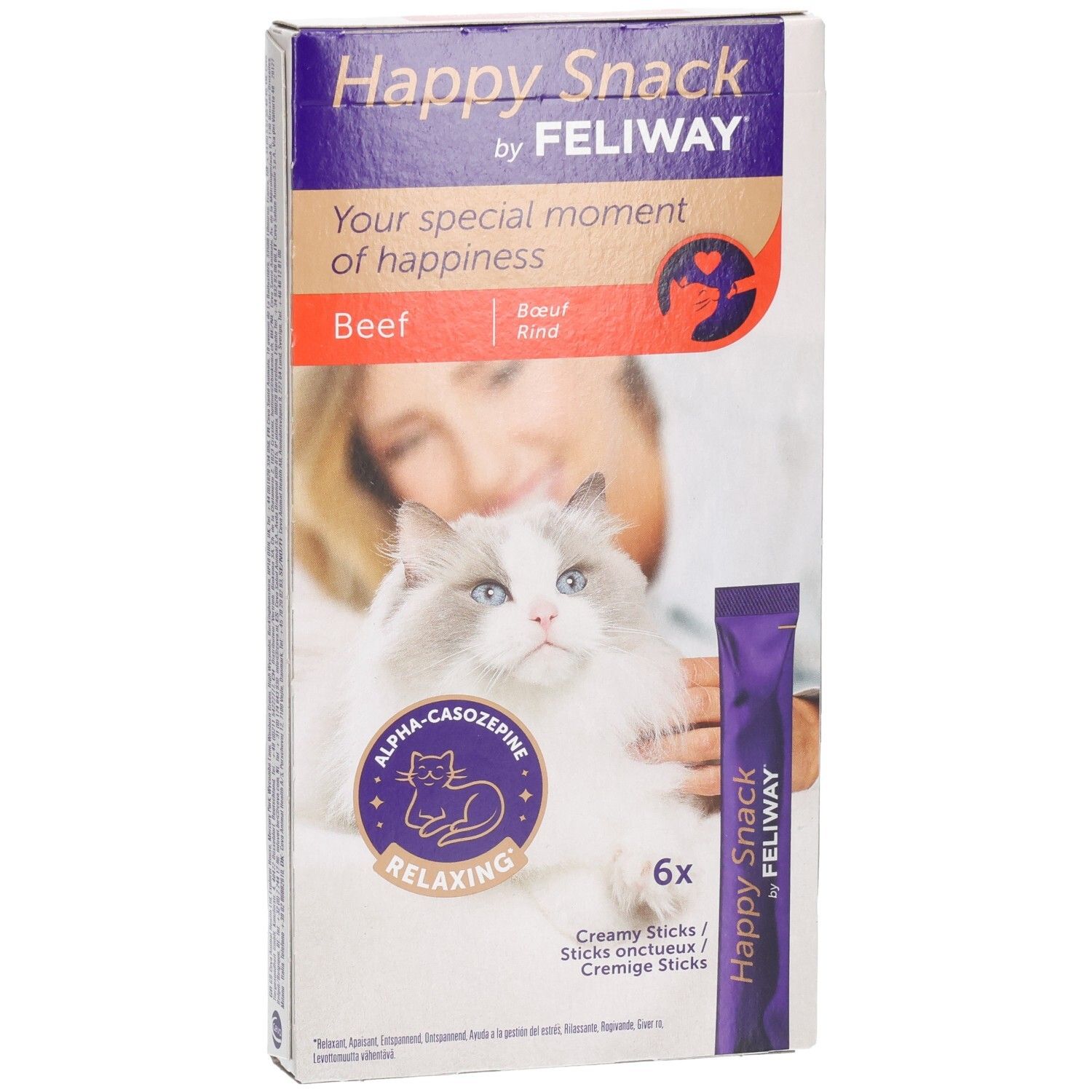 Seitenansicht der Feliway Happy Snack Rind-Verpackung für Katzen.