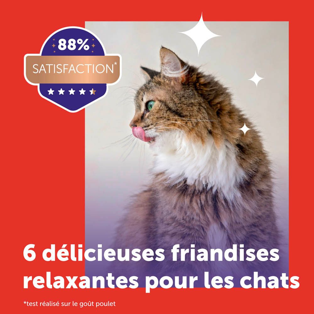 Katze leckt sich die Schnauze, 88% Zufriedenheitssiegel, 6 entspannende Leckerlis für Katzen.