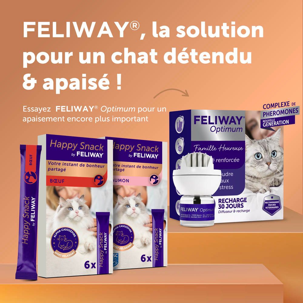 Feliway Produkte: Happy Snack Rind und Lachs, Feliway Optimum Diffusor.