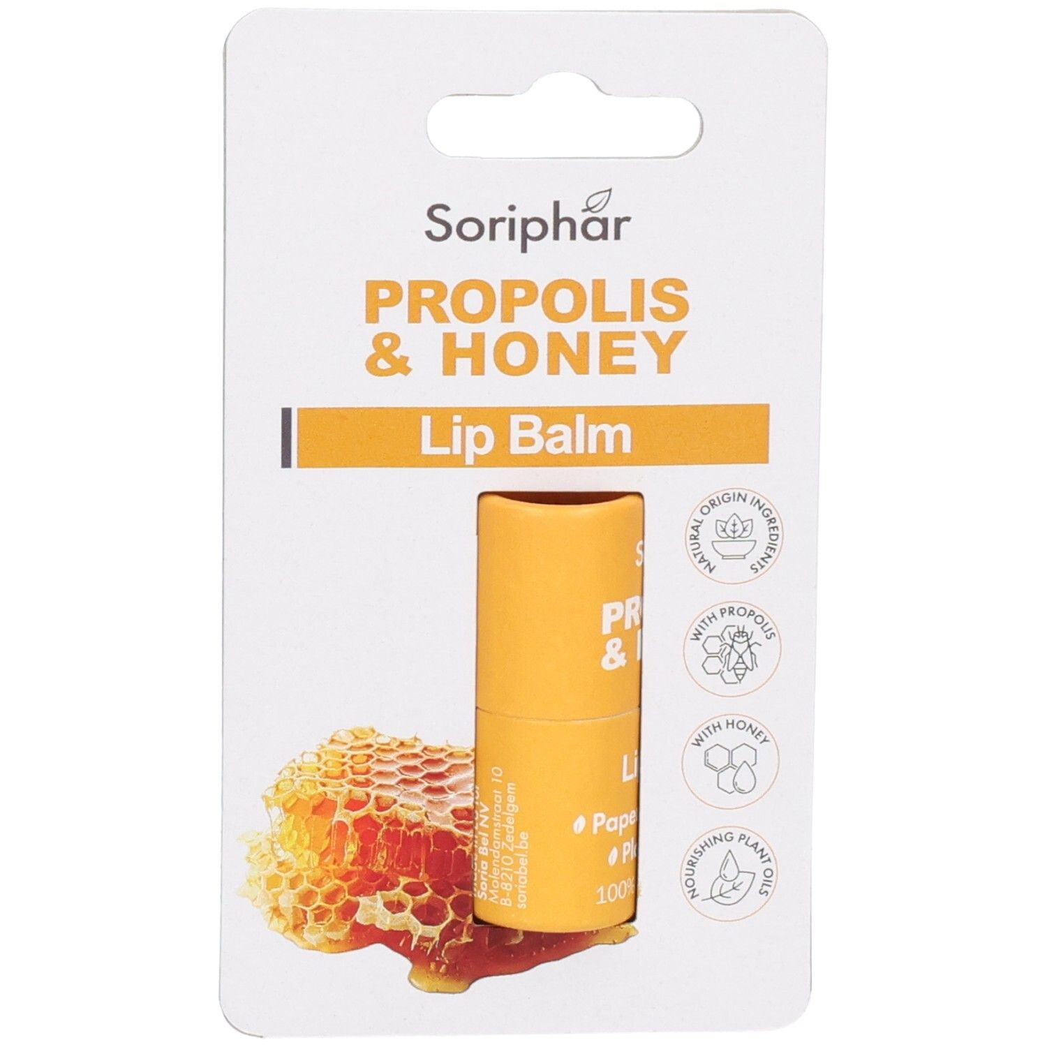 Soriphar Lippenbalsam Propolis & Honig in gelber Verpackung mit Bienenwaben-Detail.
