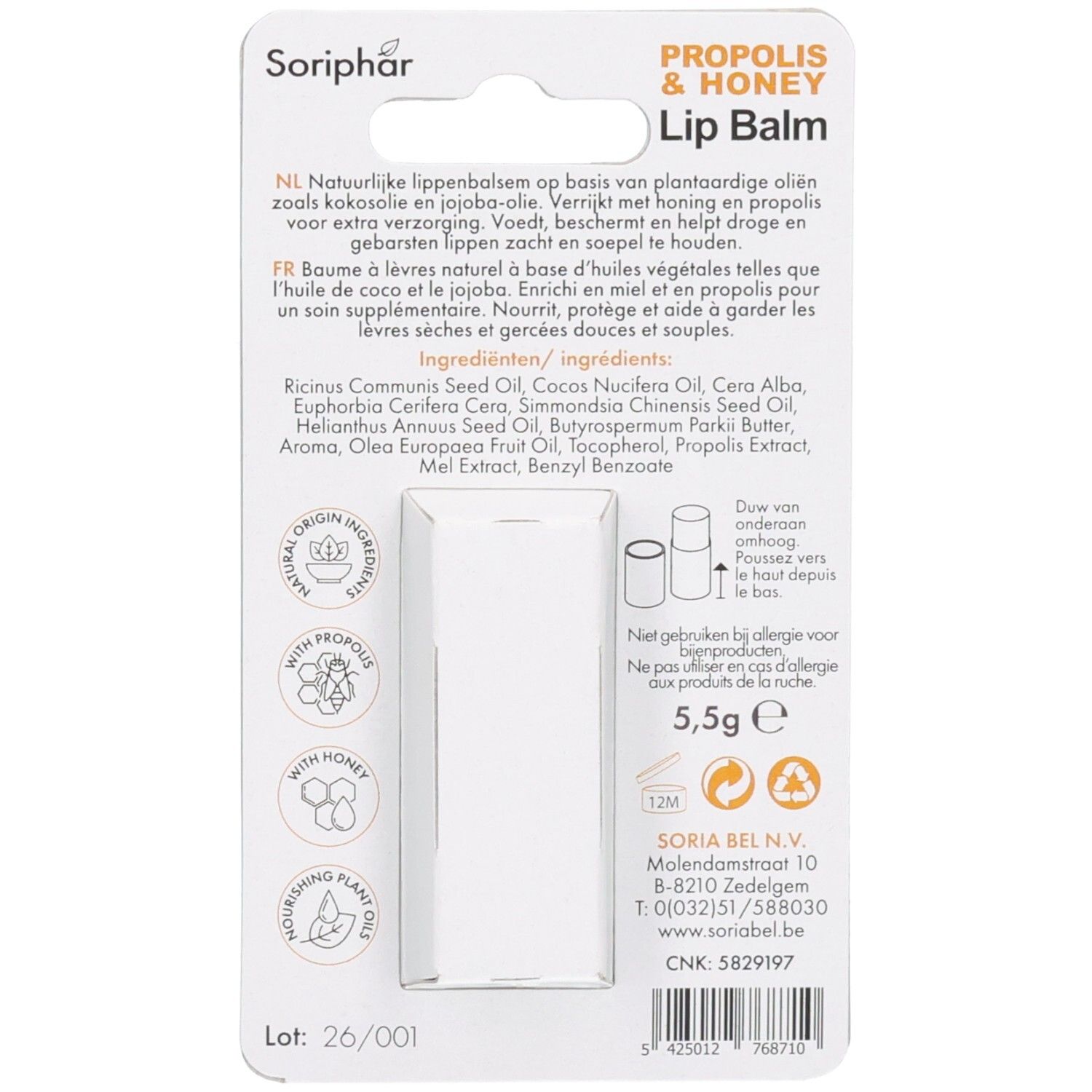 Rückseite der Soriphar Lippenbalsam Propolis & Honig Verpackung mit Inhaltsstoffen und Anwendungshinweisen.