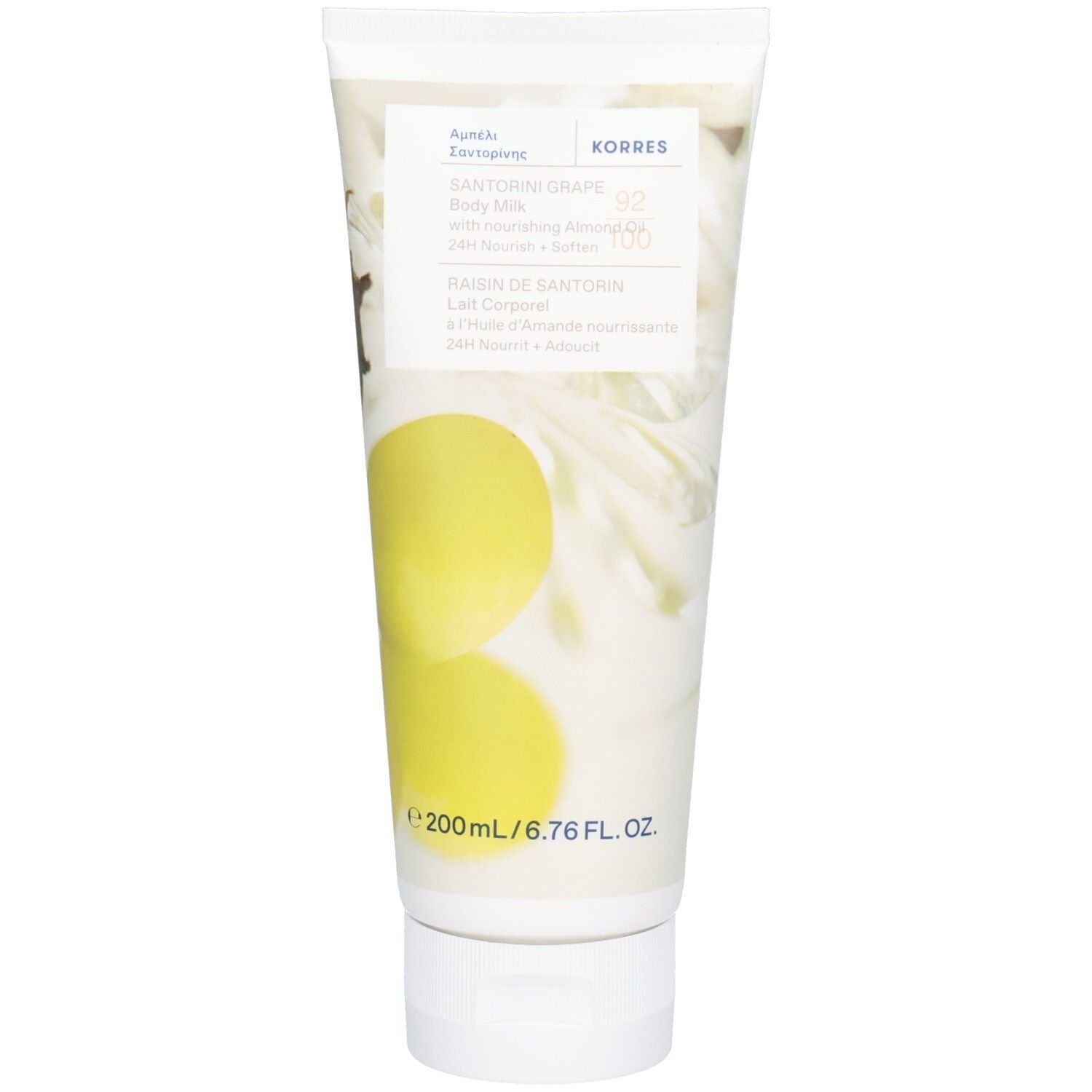Tube mit weißem Hintergrund, gelben Trauben und Produktnamen. Text: Santorini Grape Body Milk. Marke: Korres. Volumen: 200ml.