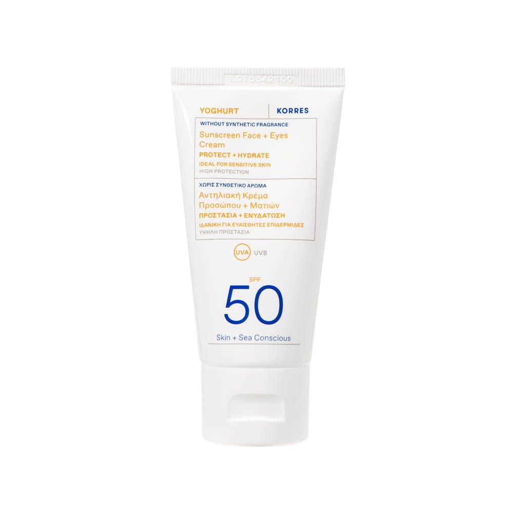 Tube blanc, crème solaire Korres visage + yeux, FPS 50, sans parfum.