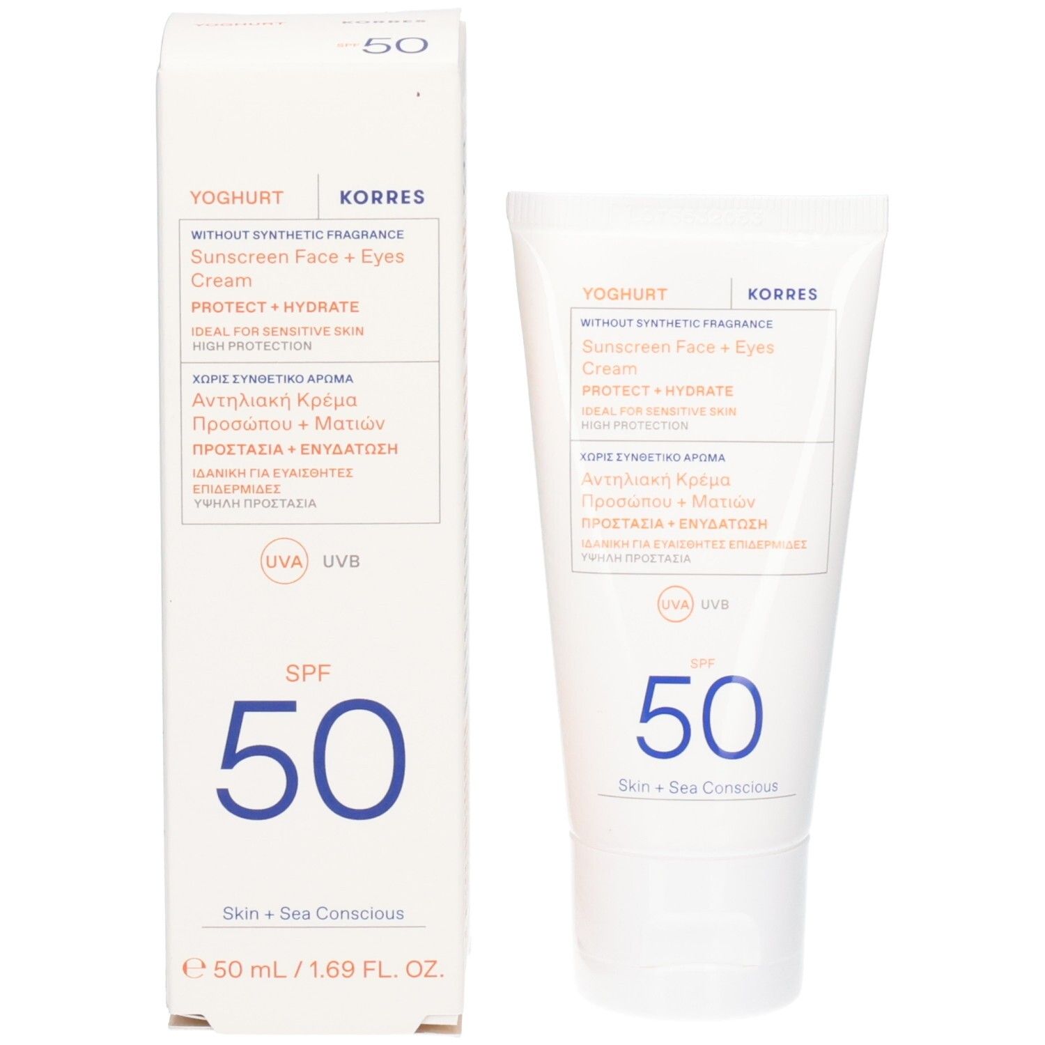 Korres Sonnenschutz für Gesicht und Augen, LSF 50, neben seiner Verpackung.