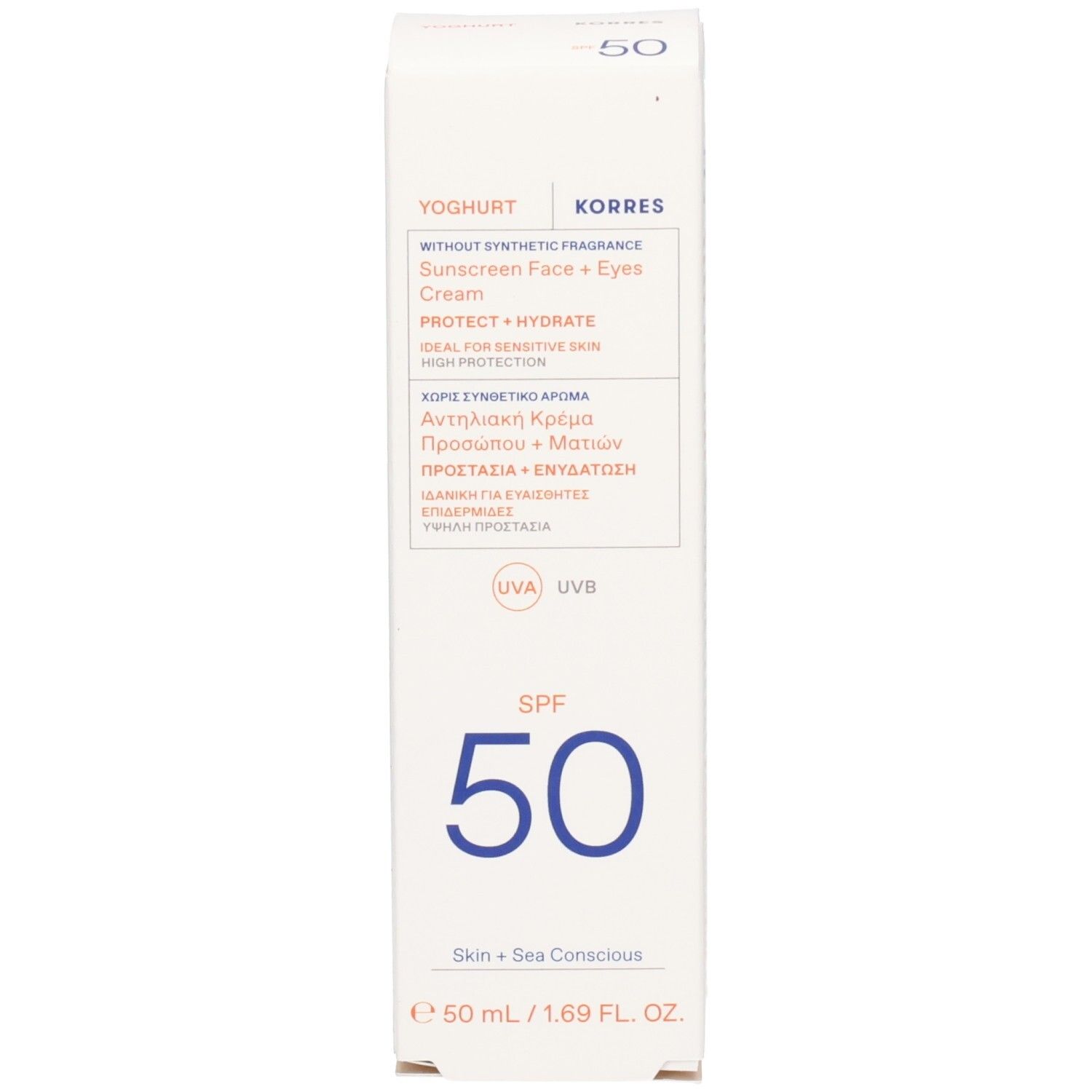 Verpackung von Korres Sonnenschutz für Gesicht und Augen, LSF 50.