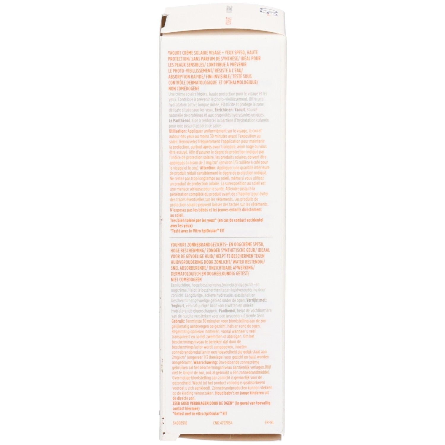 Seite der Korres Sonnenschutz-Verpackung mit Produktinformationen auf Französisch.