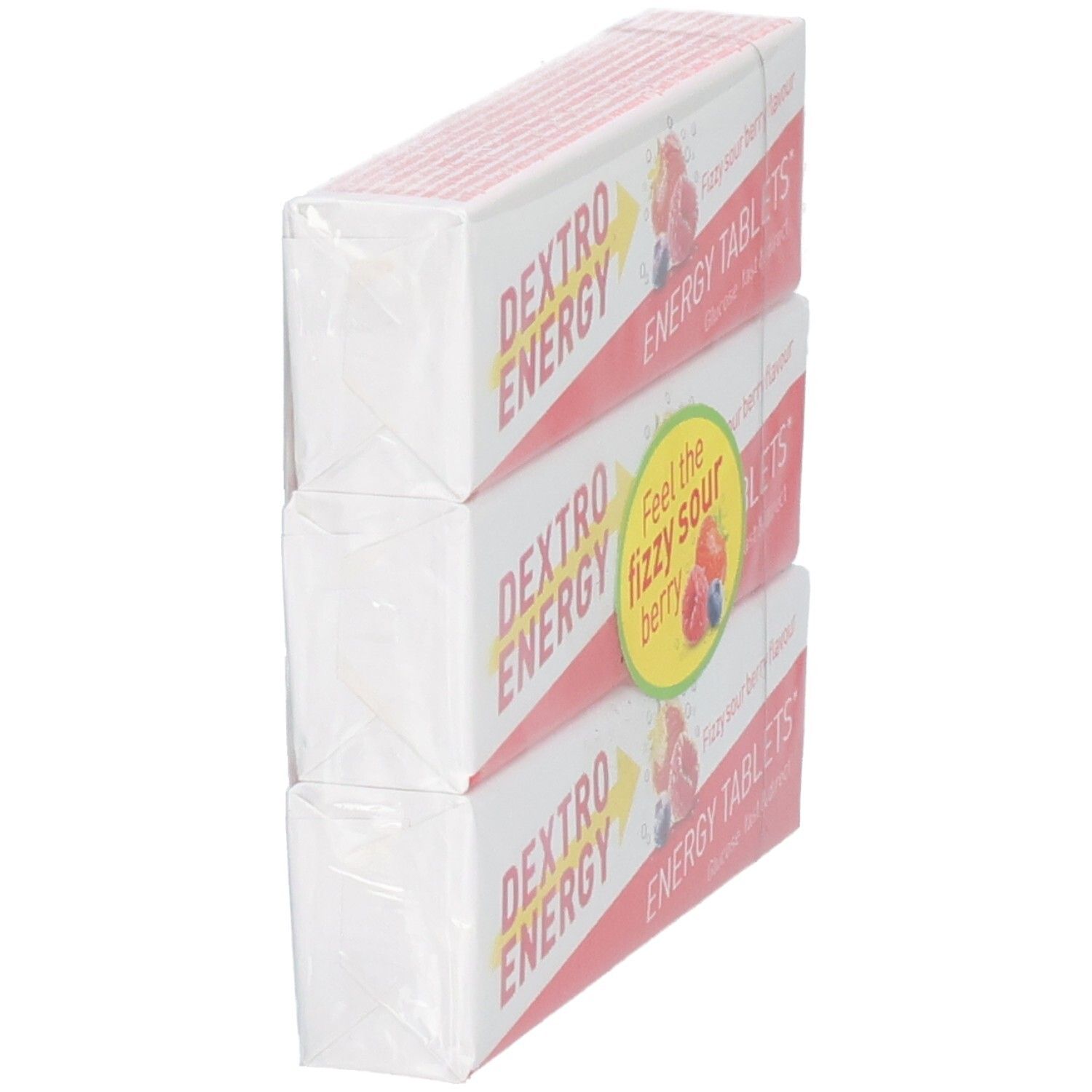 Dextro Energy 3er Packung Sour Berry Energy Tablets, Seitenansicht.