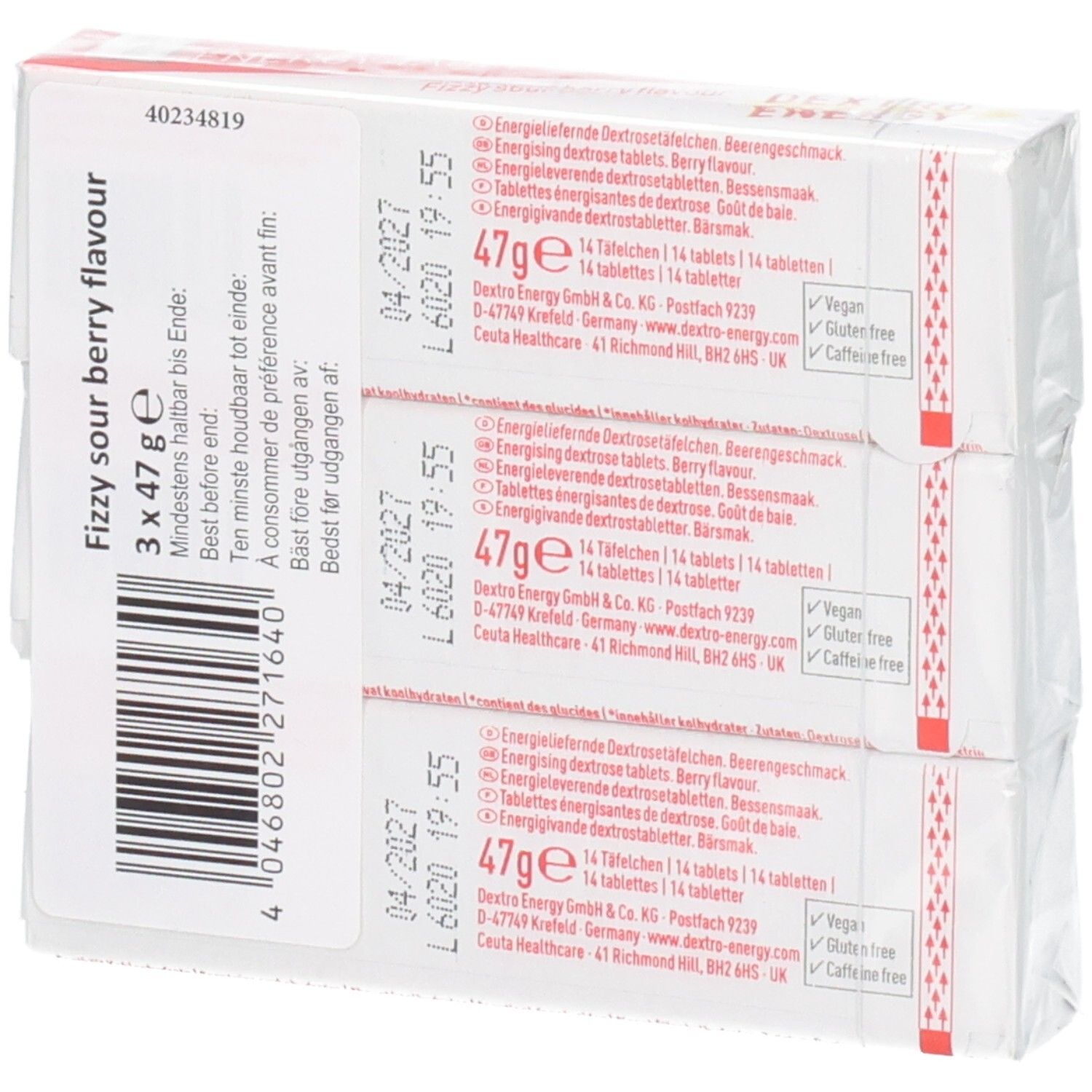 Rückseite der Dextro Energy 3er Packung Sour Berry Energy Tablets.