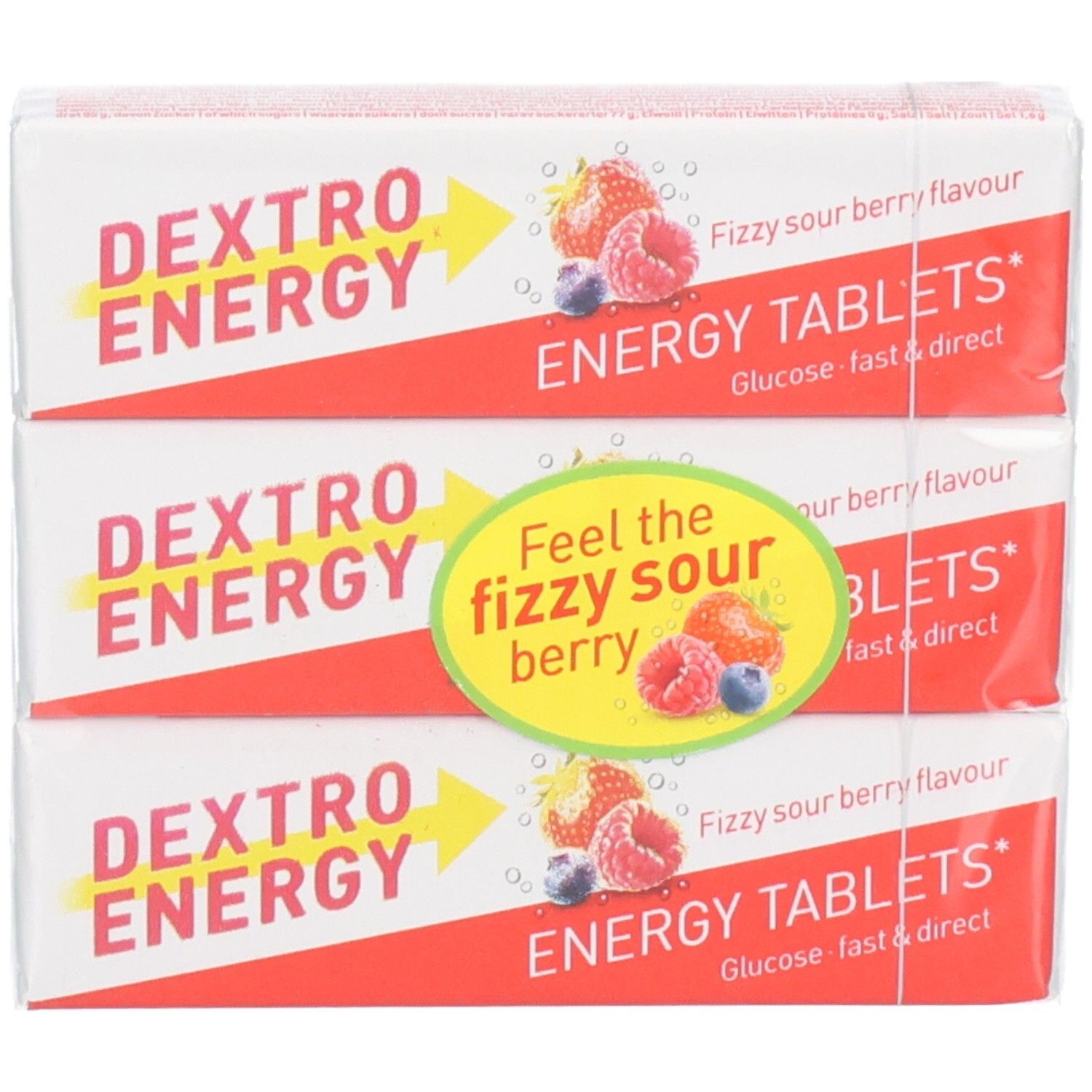 Dextro Energy 3er Packung Sour Berry Energy Tablets mit Beerenabbildung.