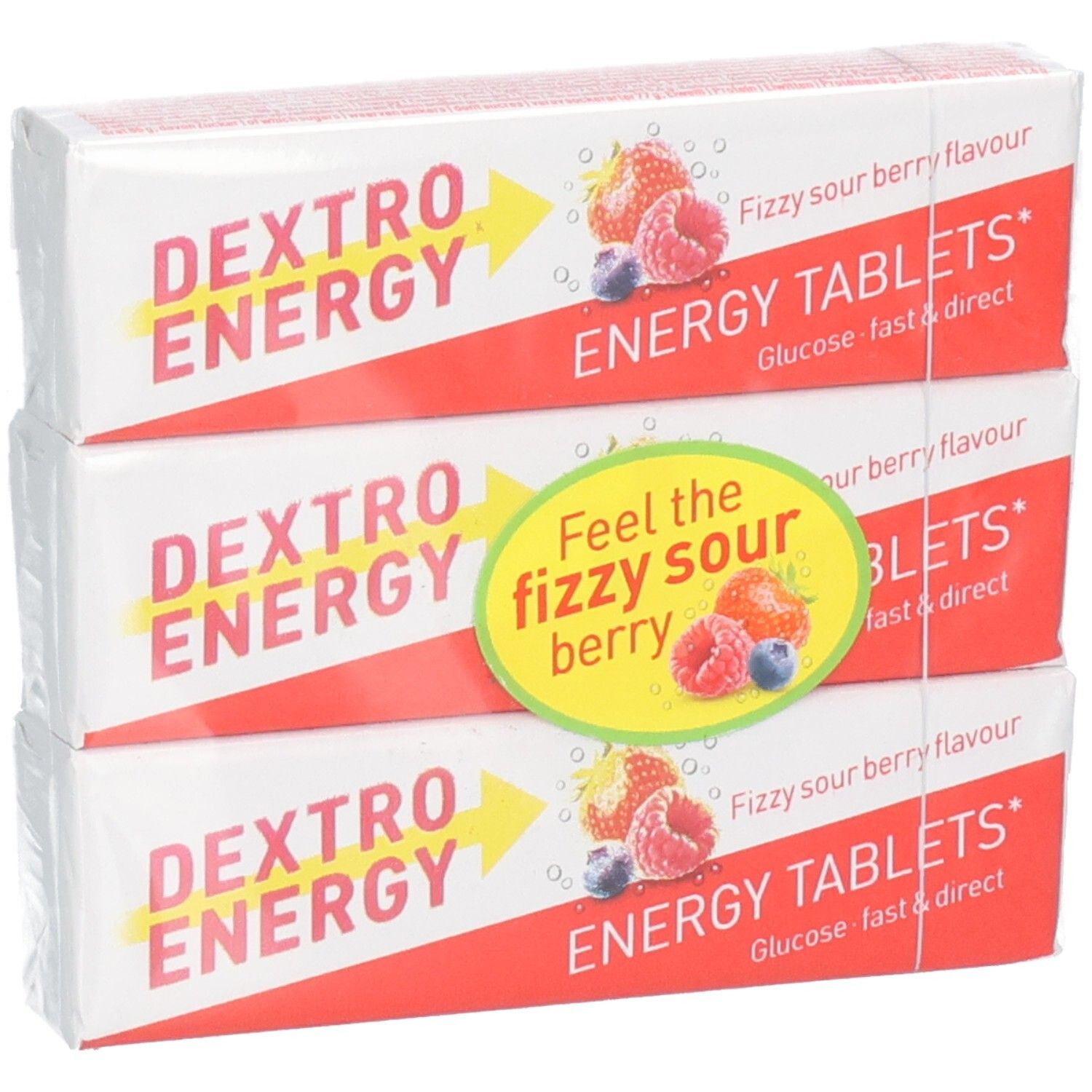 Dextro Energy 3er Packung Sour Berry Energy Tablets, leicht schräg.