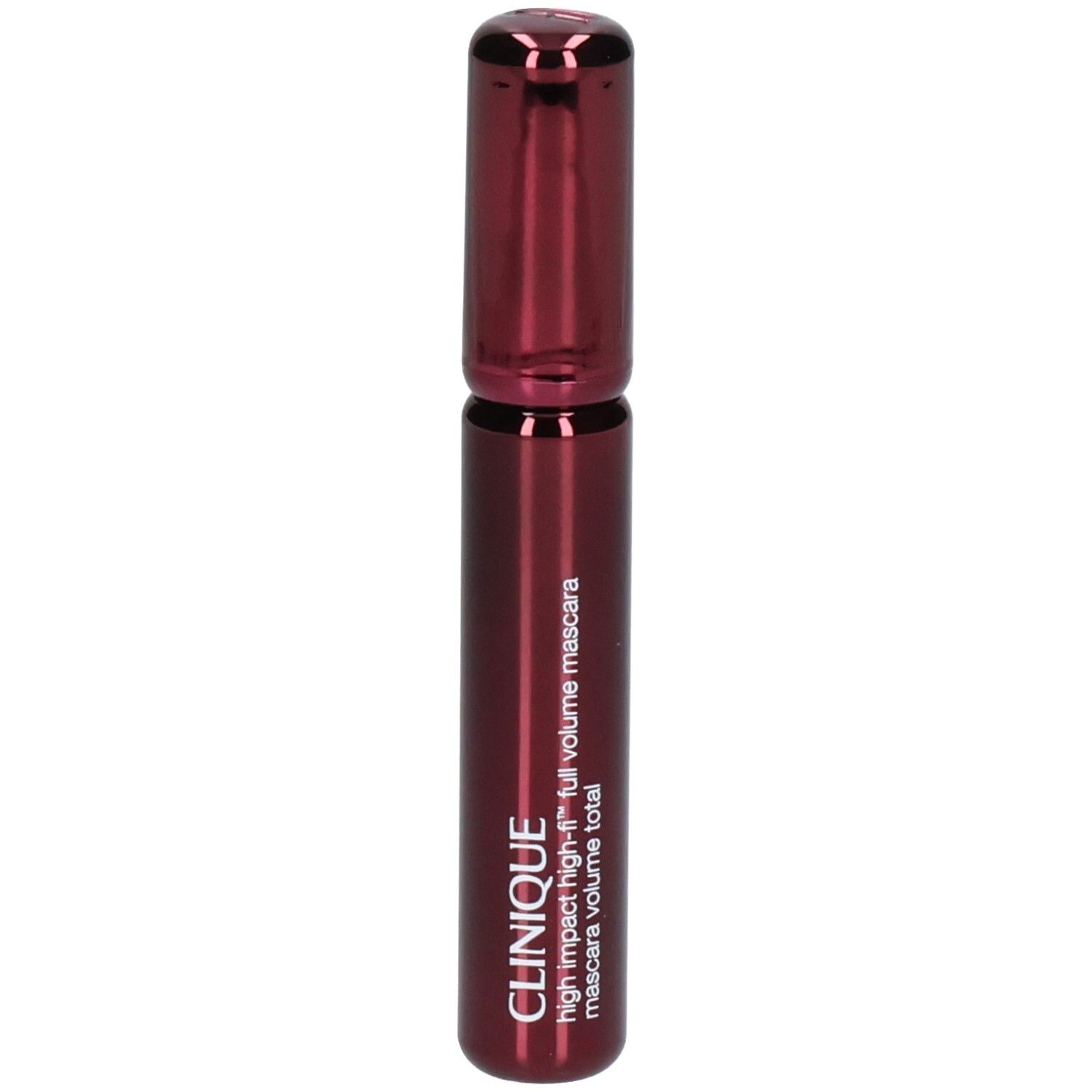 Dunkelroter Clinique High Impact High-Fi Mascara-Applikator und Fläschchen.