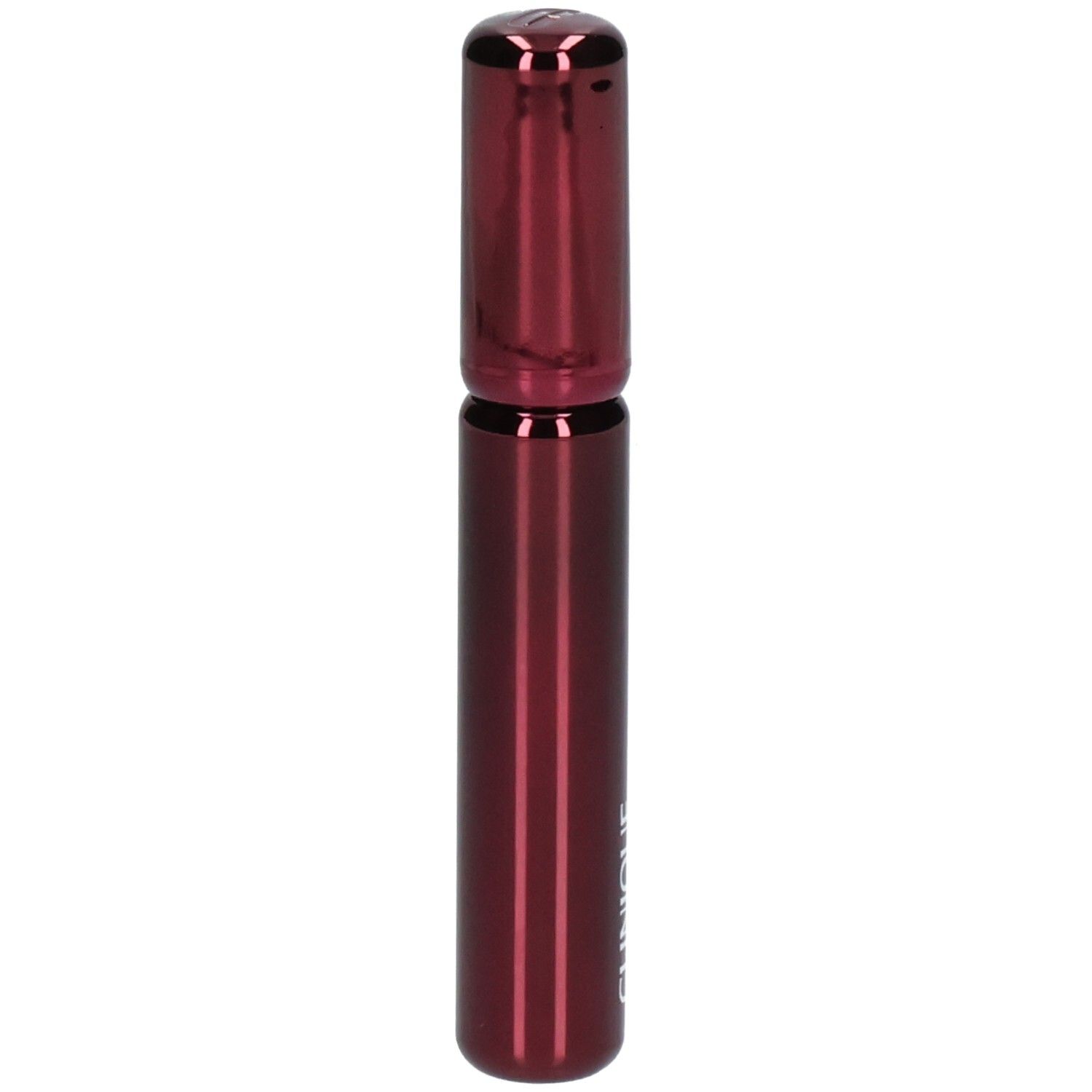 Dunkelrotes Clinique High Impact High-Fi Mascara-Fläschchen, Vorderansicht.