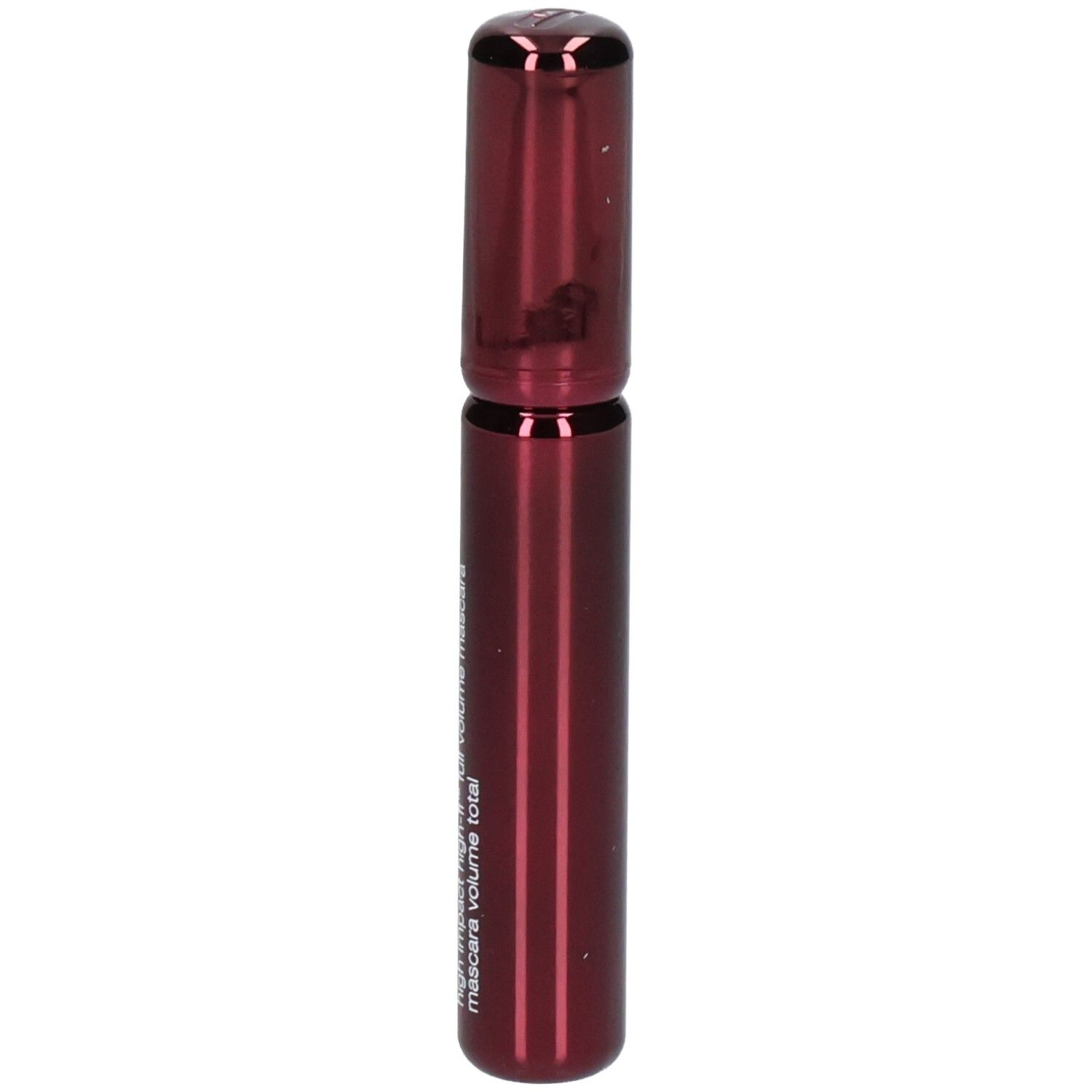 Dunkelrotes Clinique High Impact High-Fi Mascara-Fläschchen, Seitenansicht.