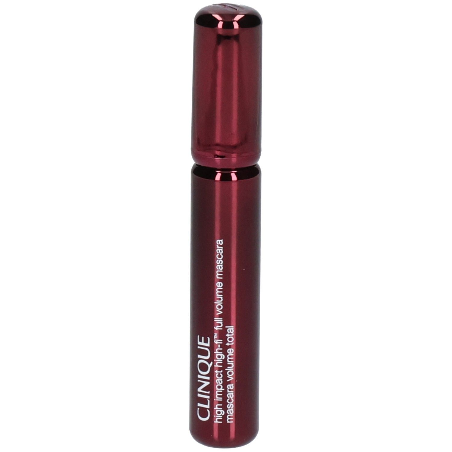 Dunkelrotes Clinique High Impact High-Fi Mascara-Fläschchen, Nahaufnahme.